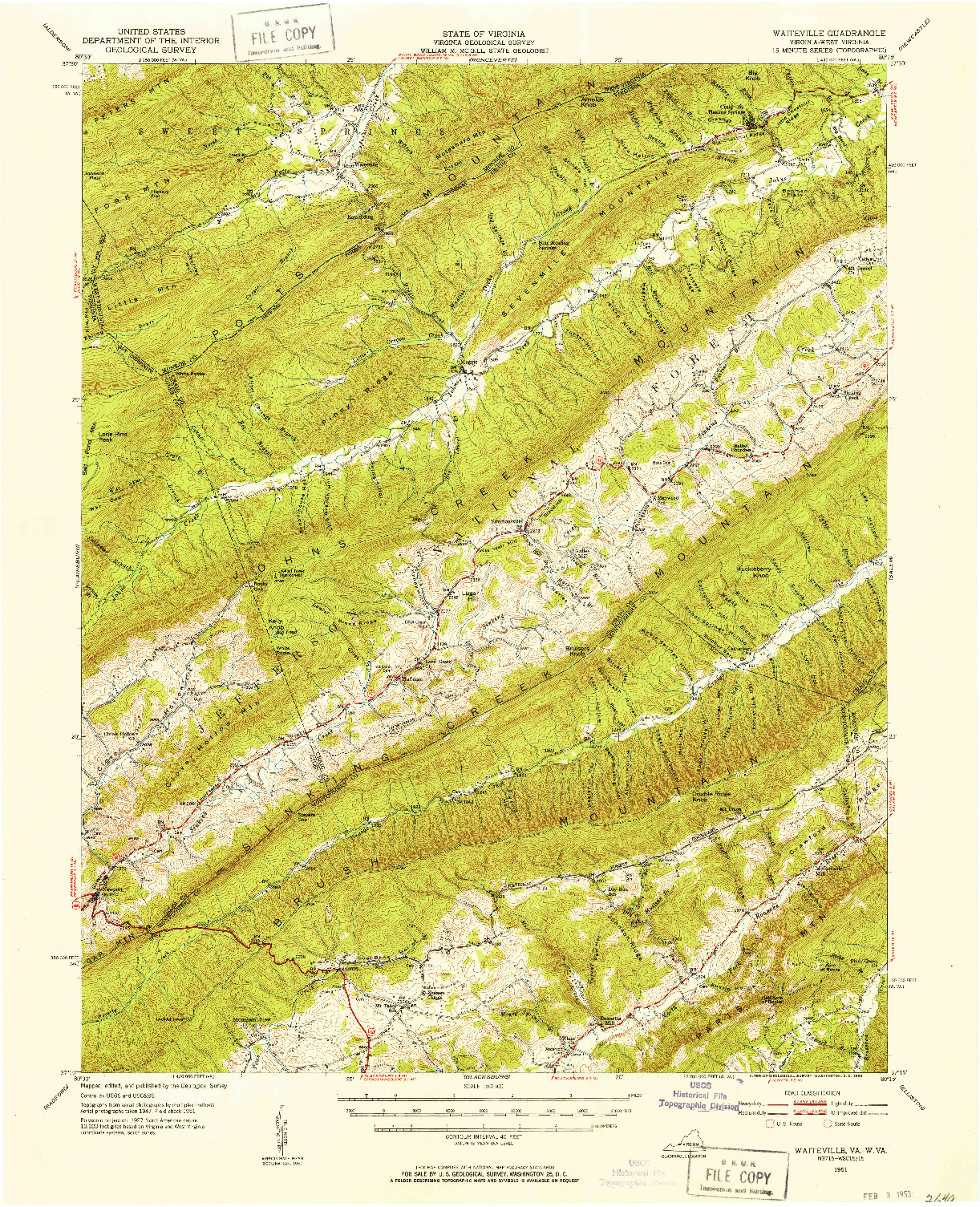 USGS 1:62500-SCALE QUADRANGLE FOR WAITEVILLE, VA 1951