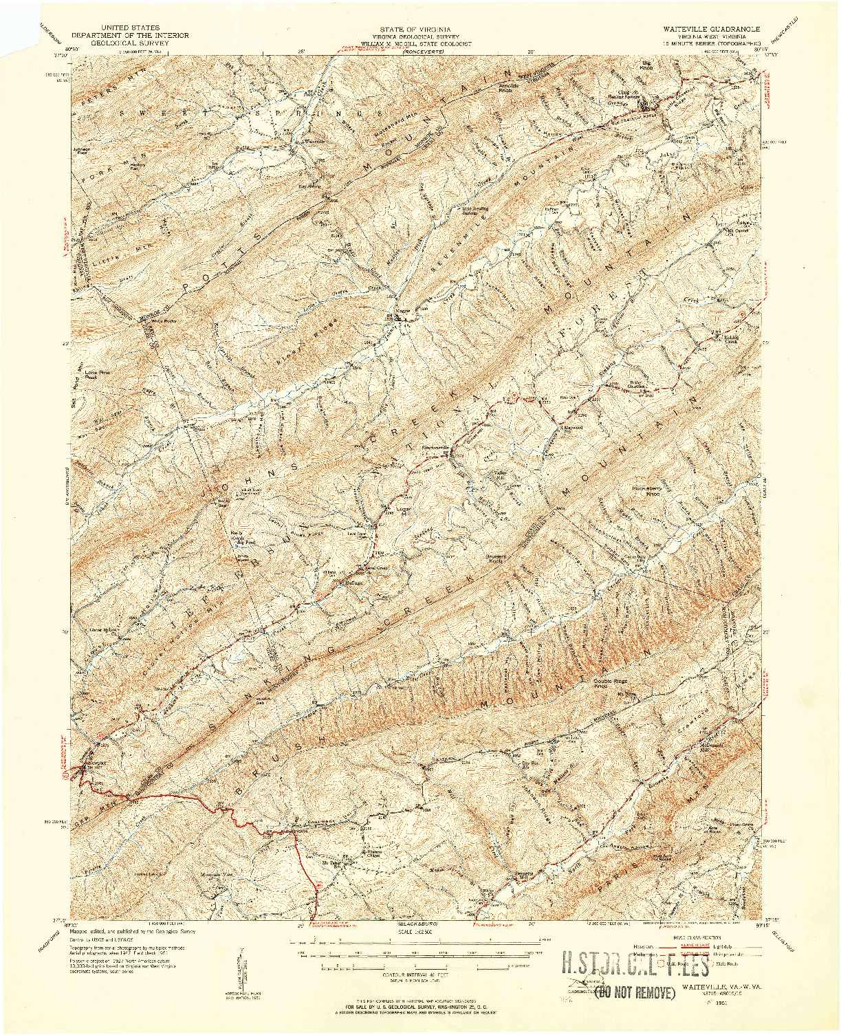 USGS 1:62500-SCALE QUADRANGLE FOR WAITEVILLE, VA 1951