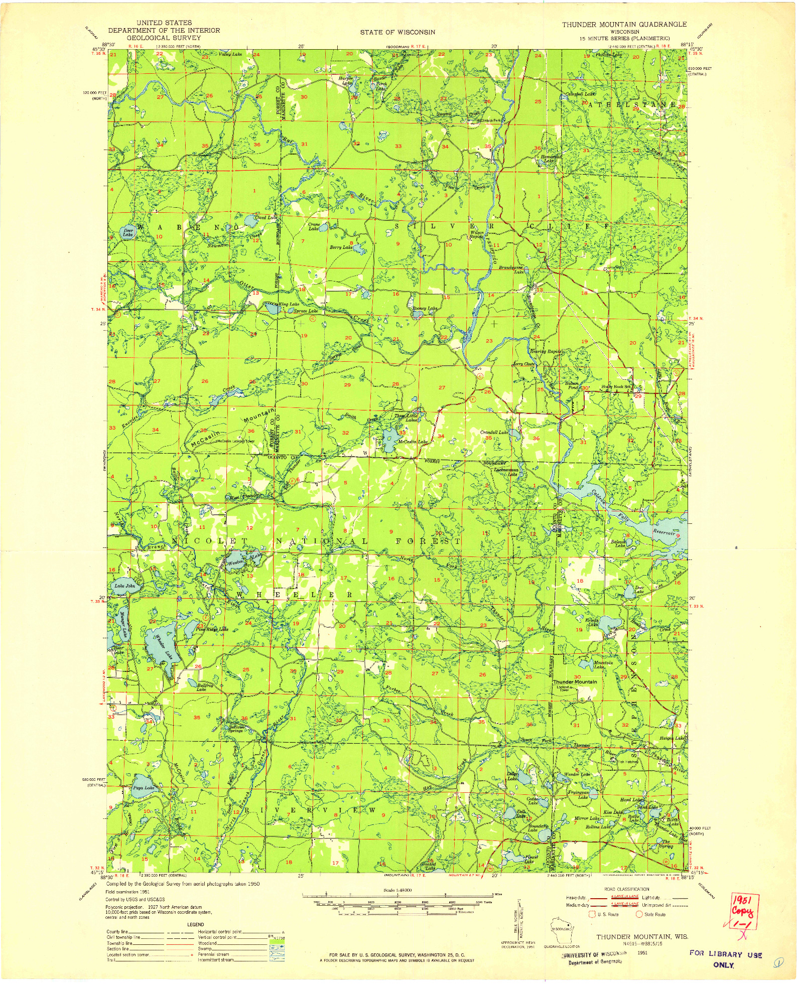 USGS 1:48000-SCALE QUADRANGLE FOR THUNDER MOUNTAIN, WI 1951