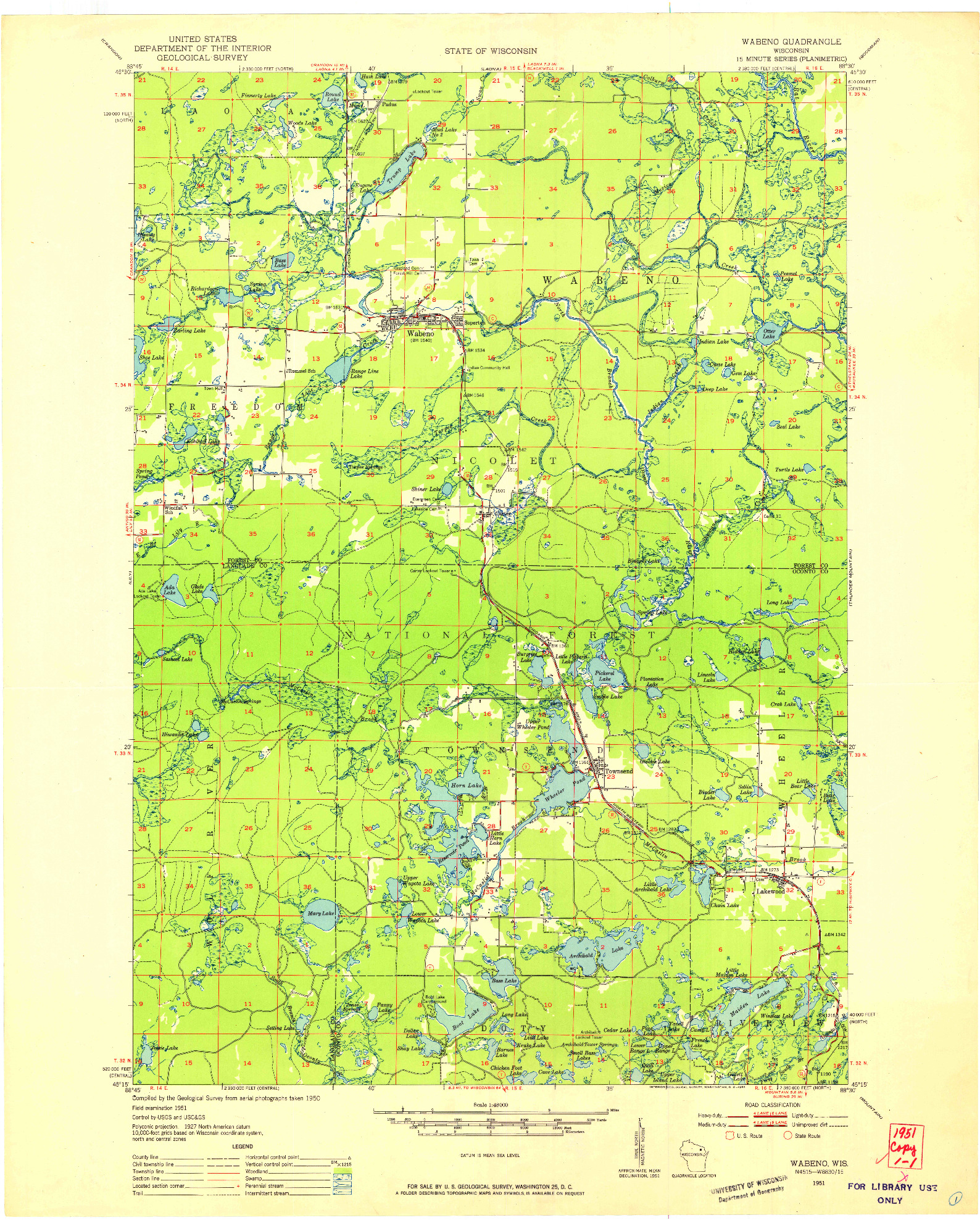 USGS 1:48000-SCALE QUADRANGLE FOR WABENO, WI 1951