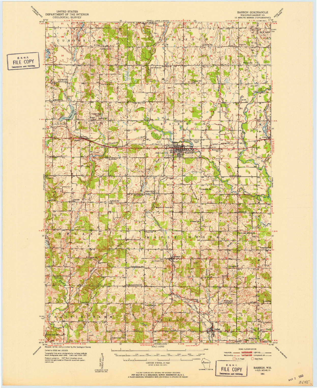 USGS 1:62500-SCALE QUADRANGLE FOR BARRON, WI 1951