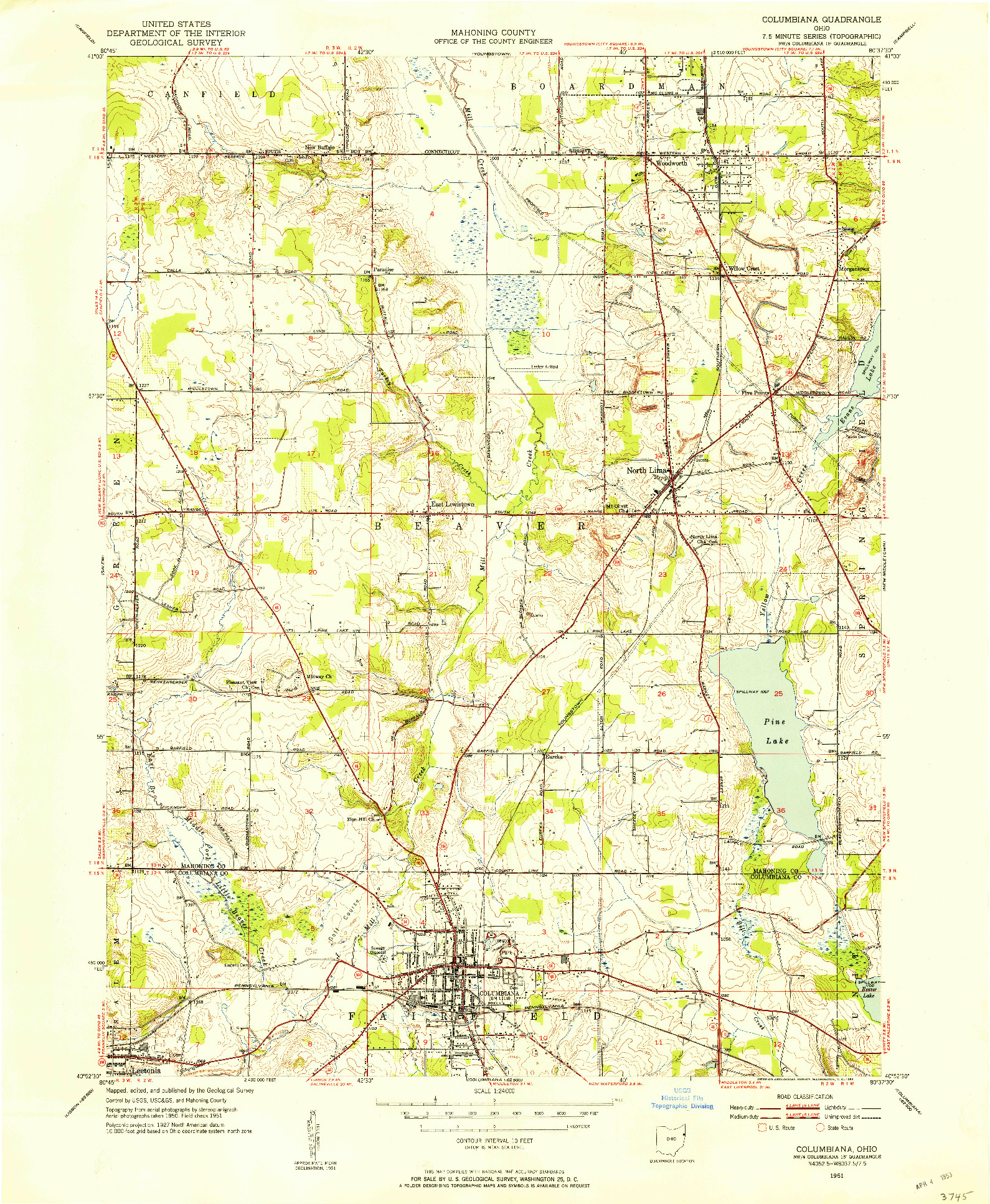 USGS 1:24000-SCALE QUADRANGLE FOR COLUMBIANA, OH 1951