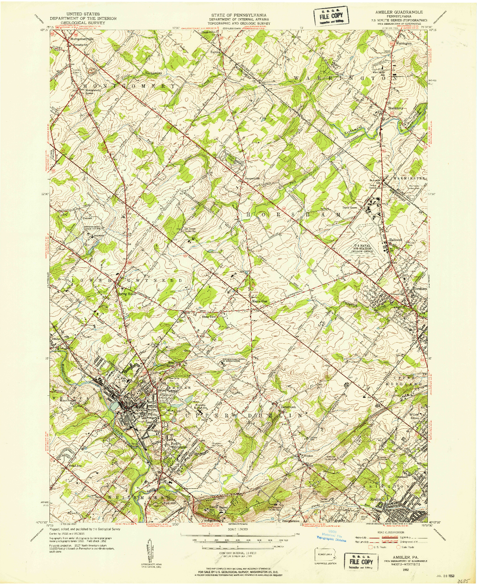 USGS 1:24000-SCALE QUADRANGLE FOR AMBLER, PA 1952