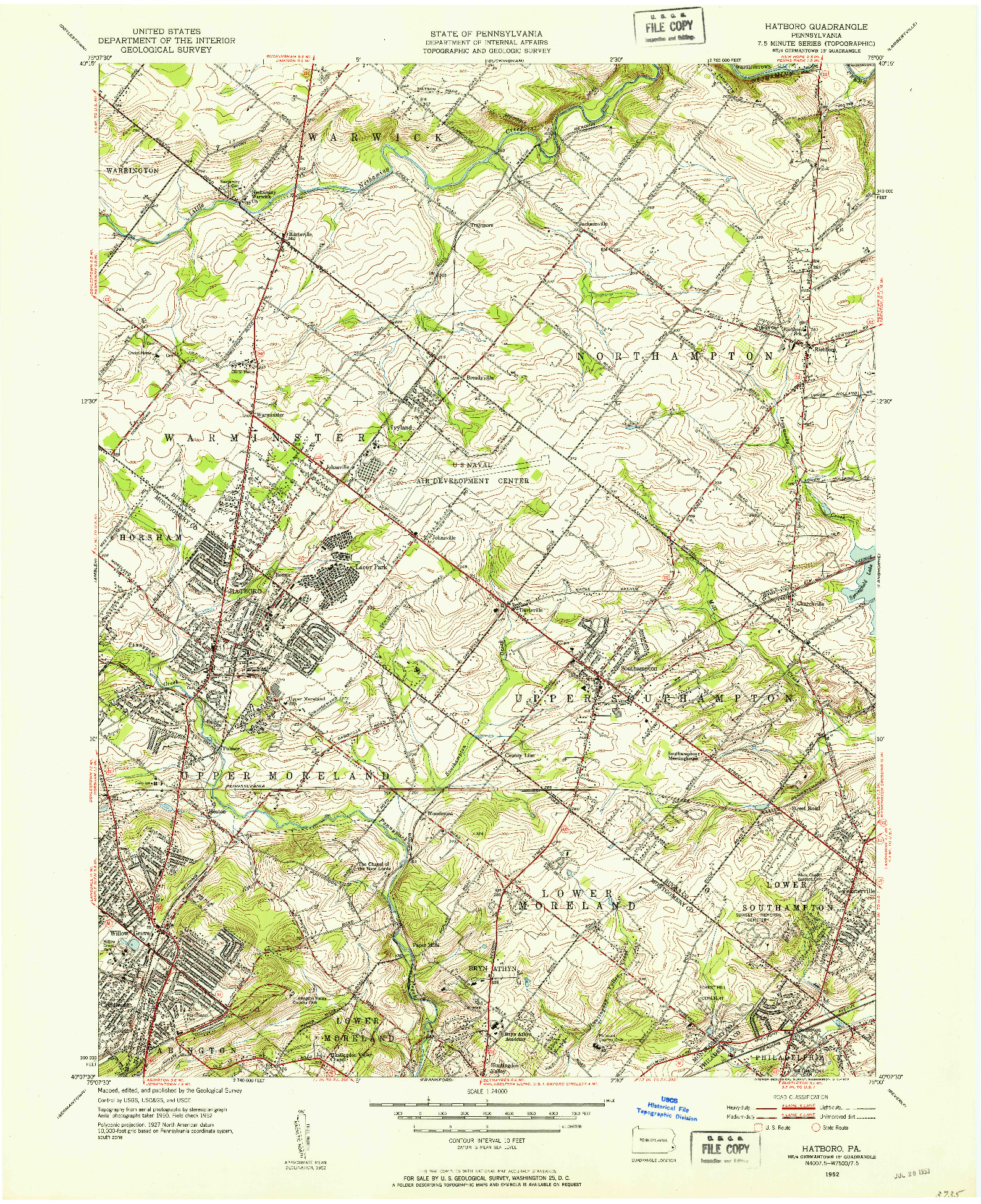 USGS 1:24000-SCALE QUADRANGLE FOR HATBORO, PA 1952