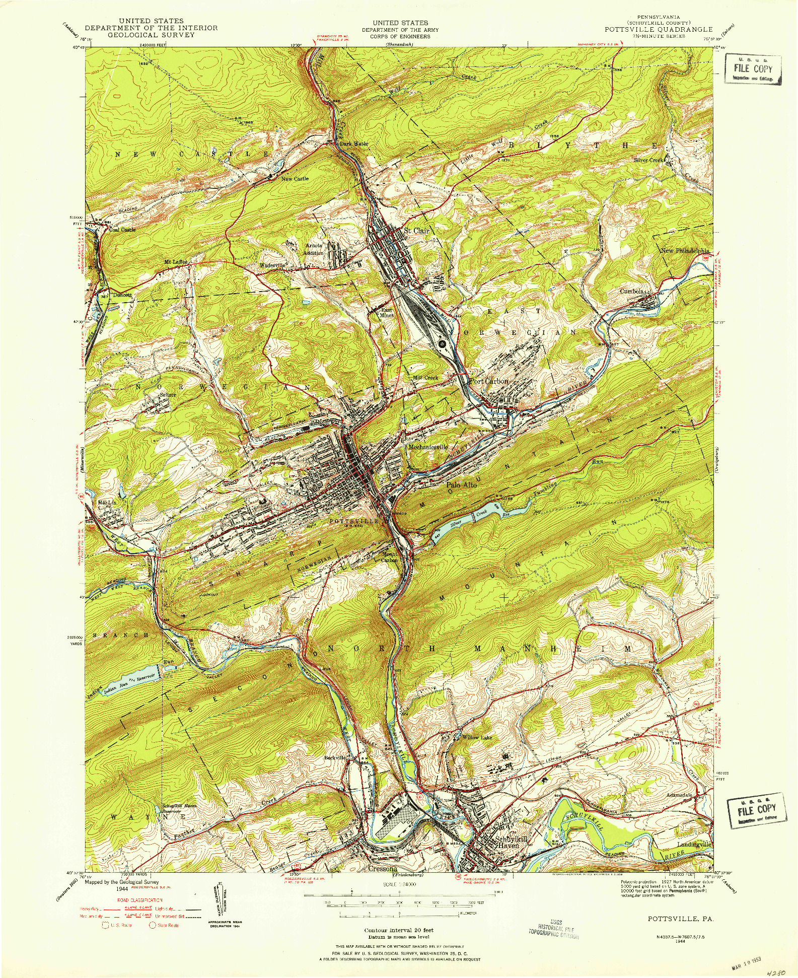 USGS 1:24000-SCALE QUADRANGLE FOR POTTSVILLE, PA 1944