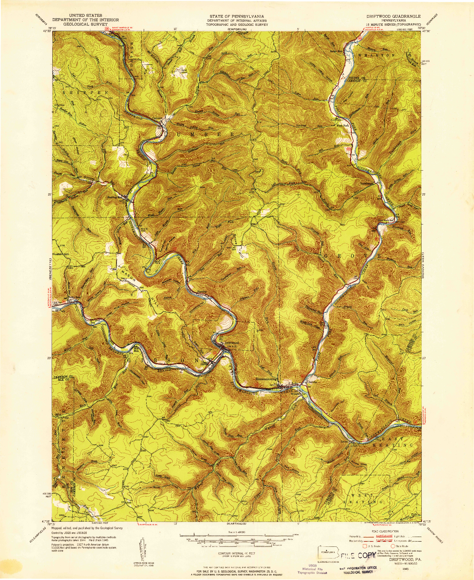 USGS 1:48000-SCALE QUADRANGLE FOR DRIFTWOOD, PA 1945