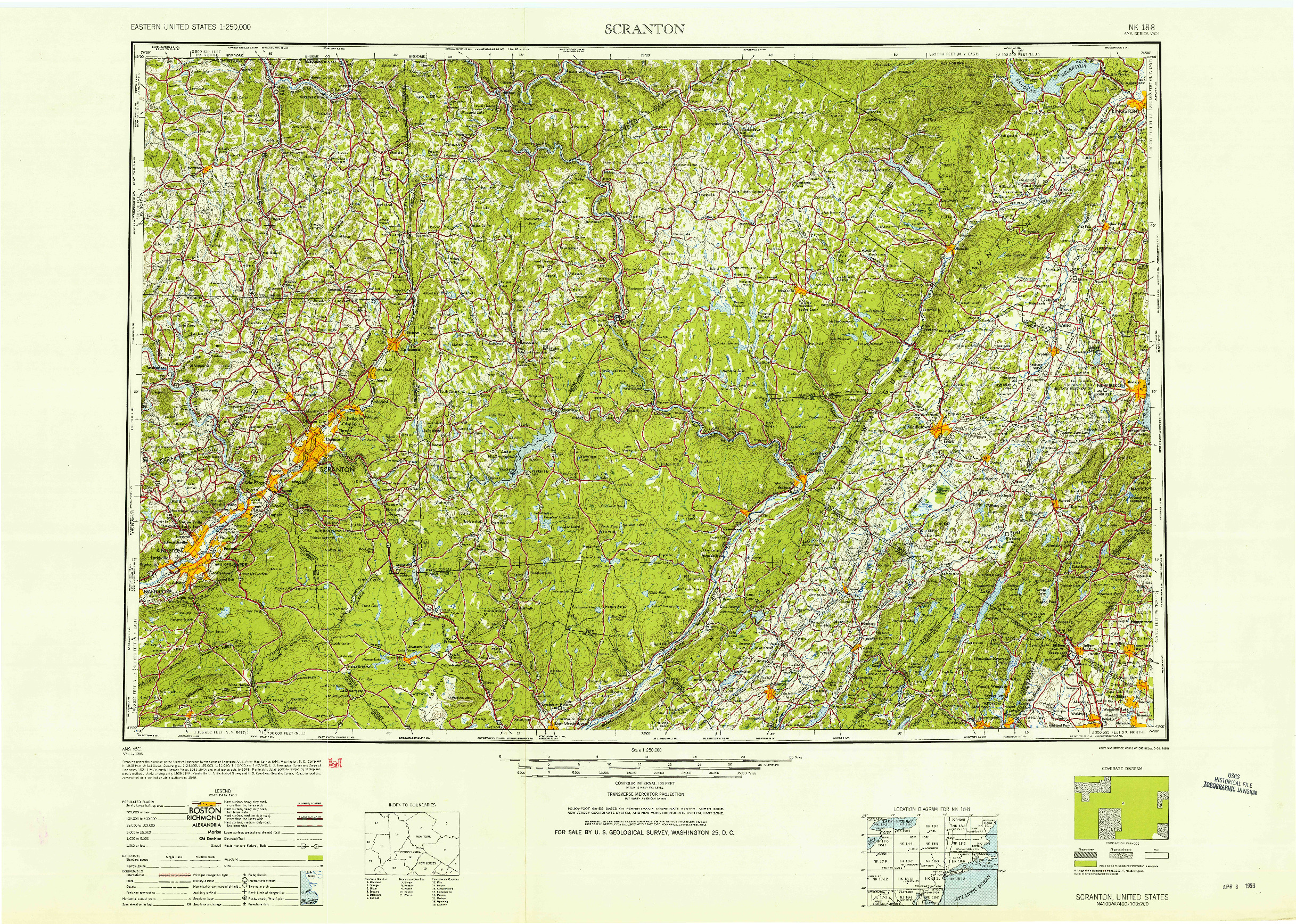 USGS 1:250000-SCALE QUADRANGLE FOR SCRANTON, PA 1953