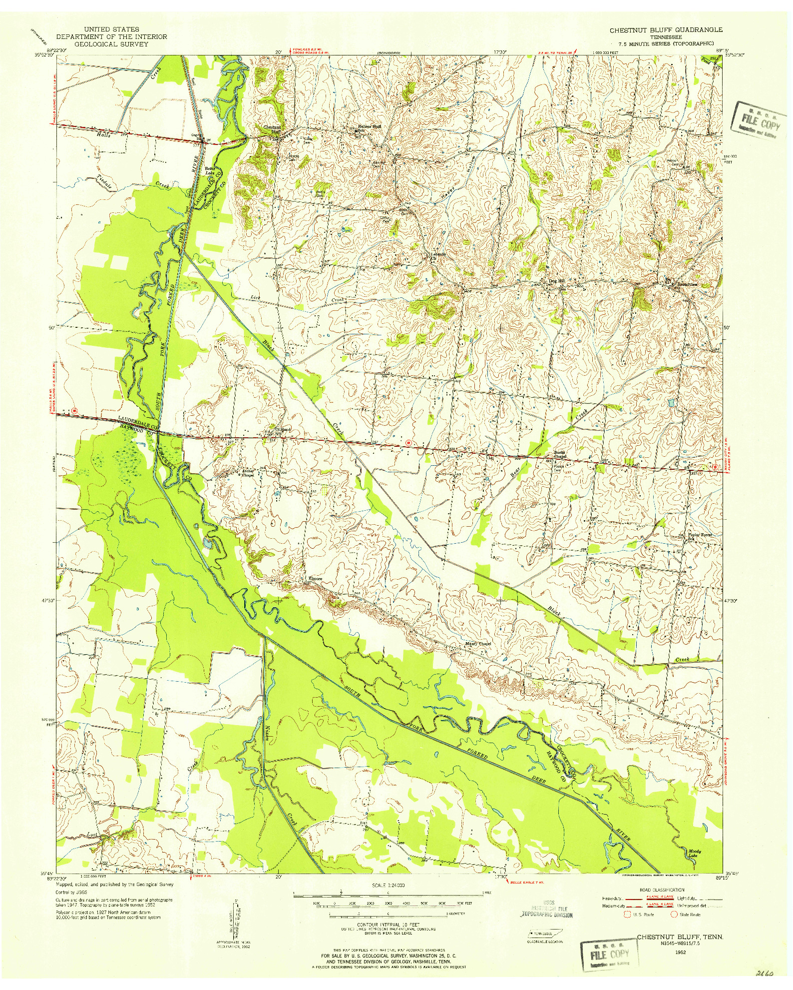 USGS 1:24000-SCALE QUADRANGLE FOR CHESTNUT BLUFF, TN 1952