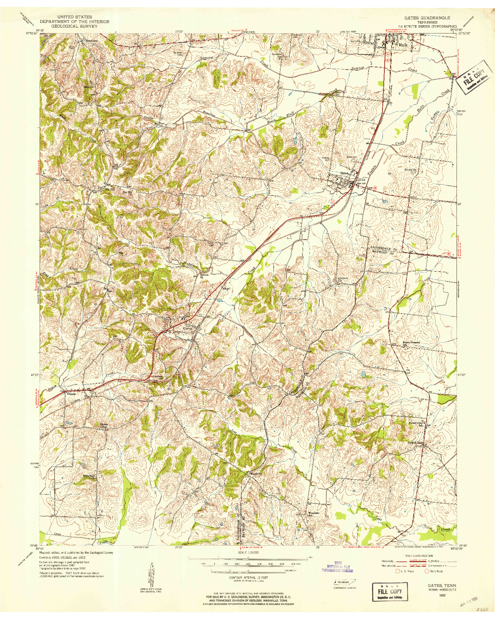 USGS 1:24000-SCALE QUADRANGLE FOR GATES, TN 1952