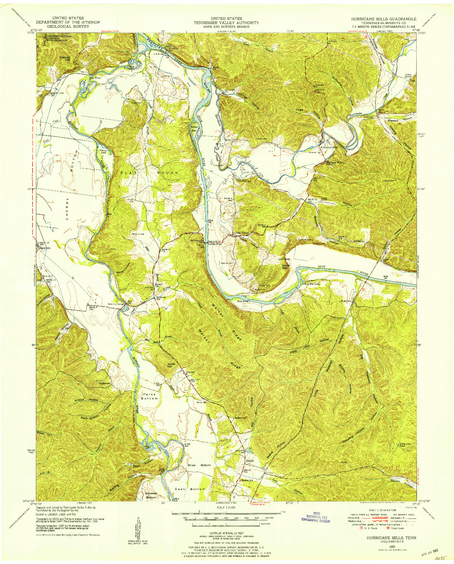 USGS 1:24000-SCALE QUADRANGLE FOR HURRICANE MILLS, TN 1950