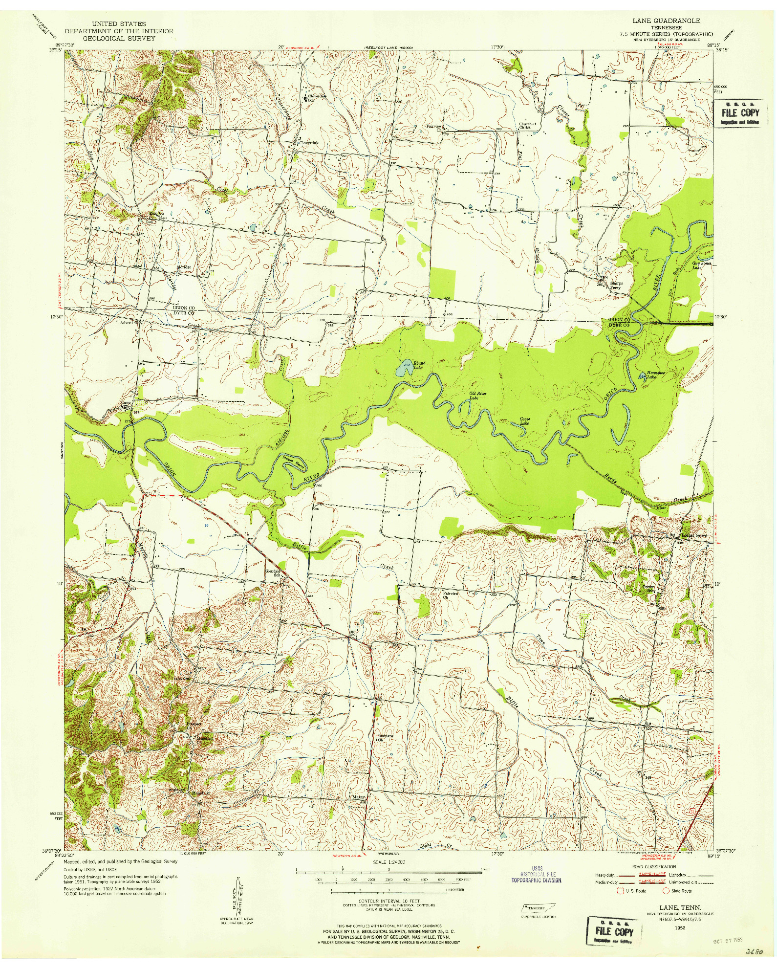 USGS 1:24000-SCALE QUADRANGLE FOR LANE, TN 1952