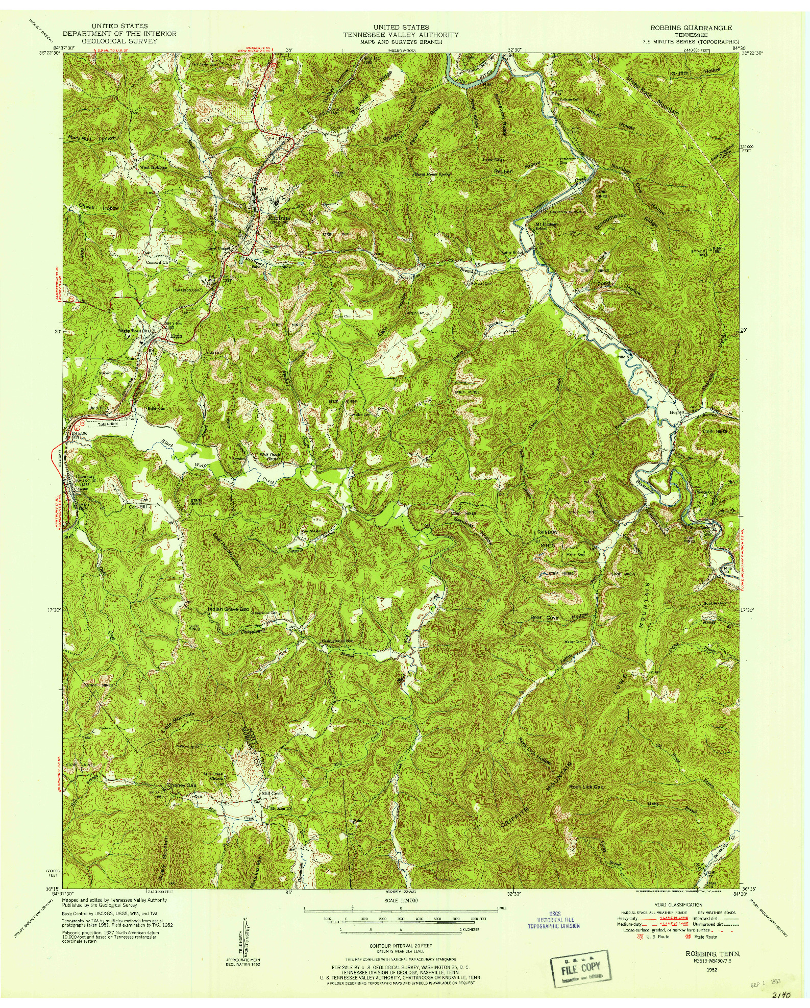 USGS 1:24000-SCALE QUADRANGLE FOR ROBBINS, TN 1952