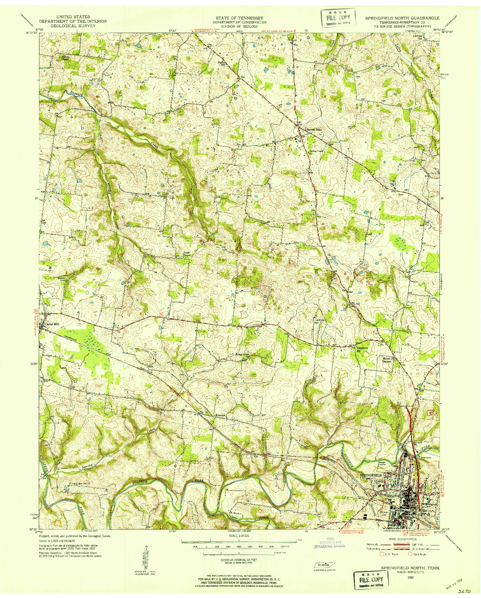 USGS 1:24000-SCALE QUADRANGLE FOR SPRINGFIELD NORTH, TN 1952