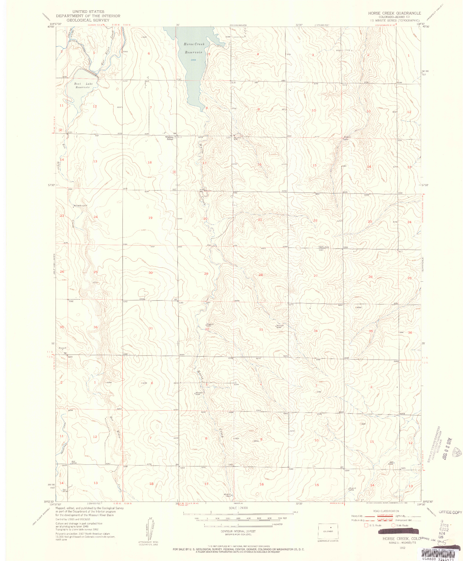 USGS 1:24000-SCALE QUADRANGLE FOR HORSE CREEK, CO 1952