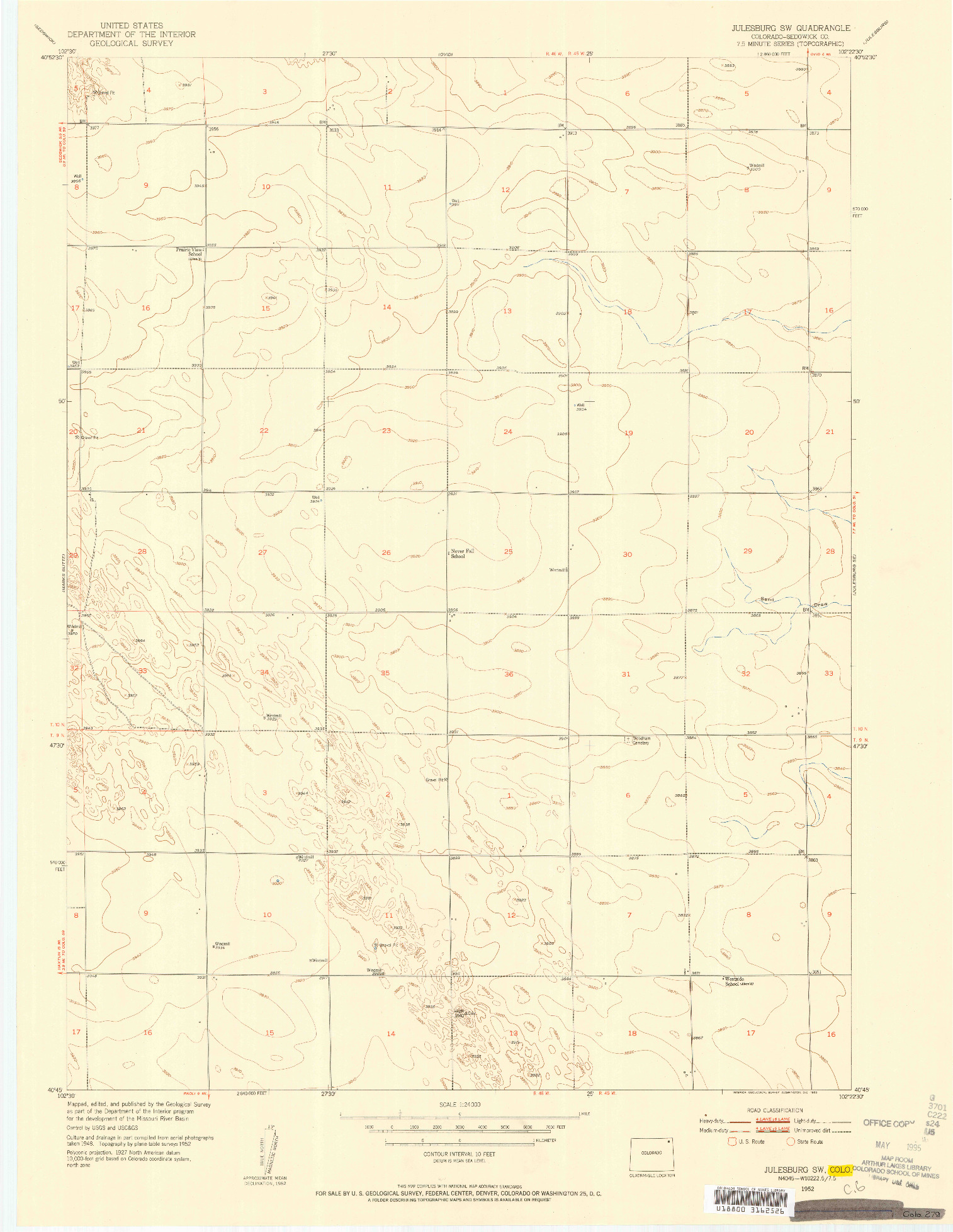 USGS 1:24000-SCALE QUADRANGLE FOR JULESBURG SW, CO 1952