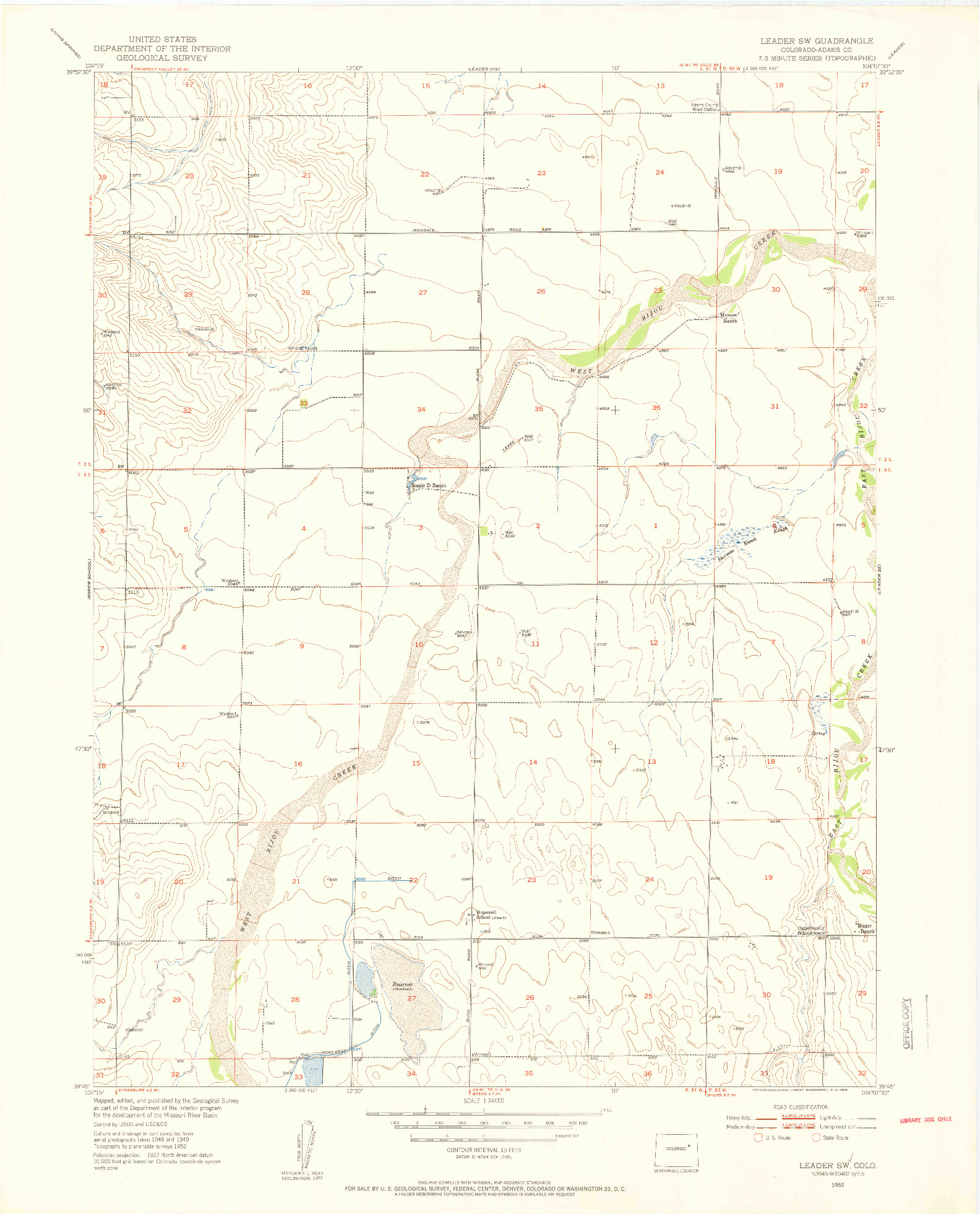 USGS 1:24000-SCALE QUADRANGLE FOR LEADER SW, CO 1952