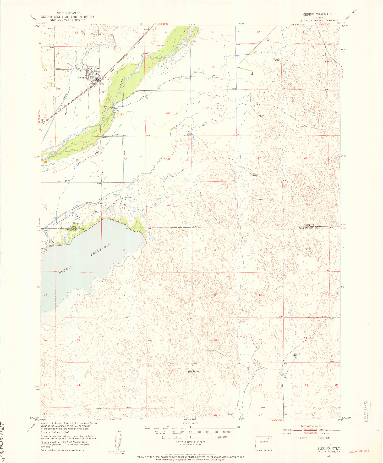 USGS 1:24000-SCALE QUADRANGLE FOR MERINO, CO 1951