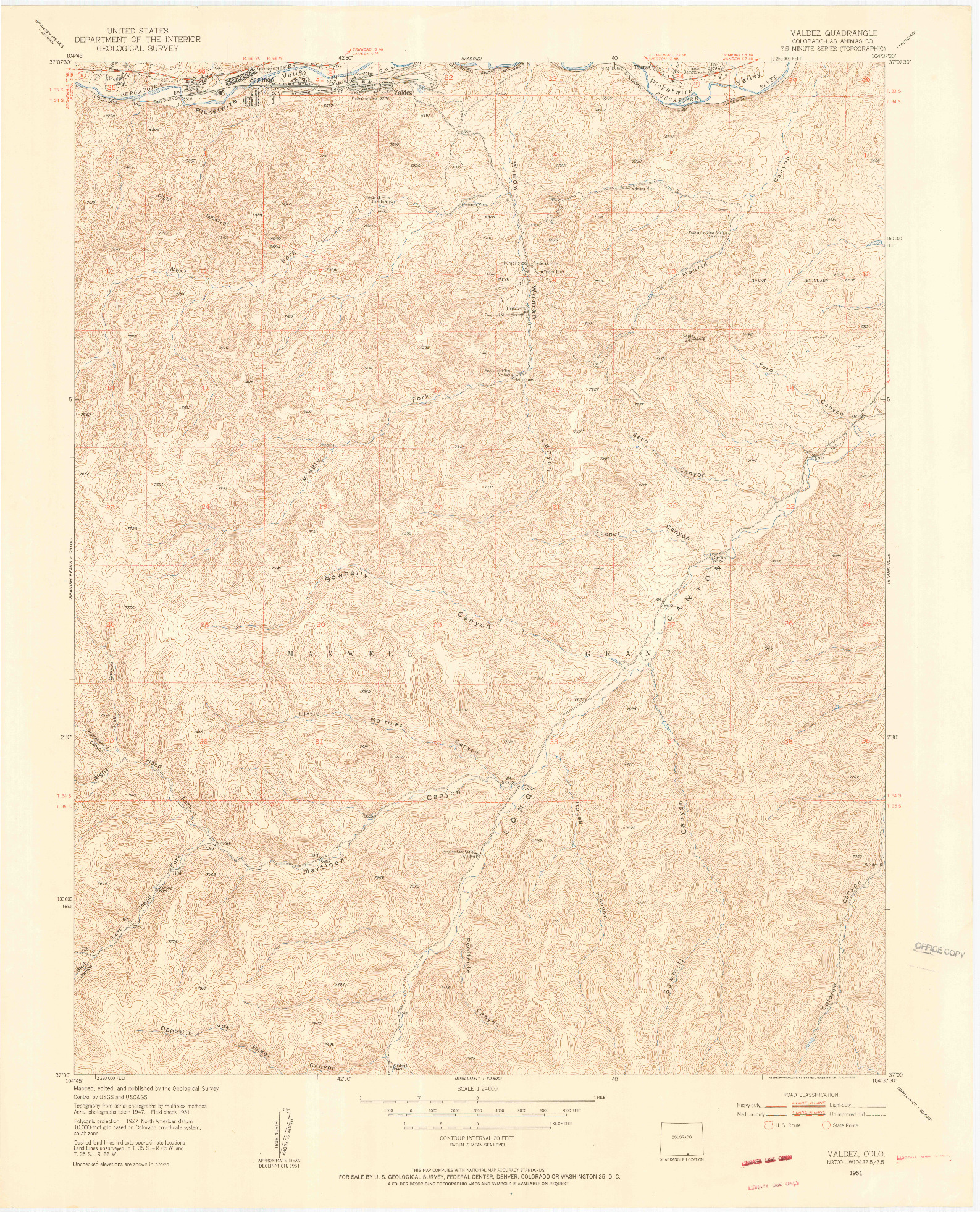 USGS 1:24000-SCALE QUADRANGLE FOR VALDEZ, CO 1951