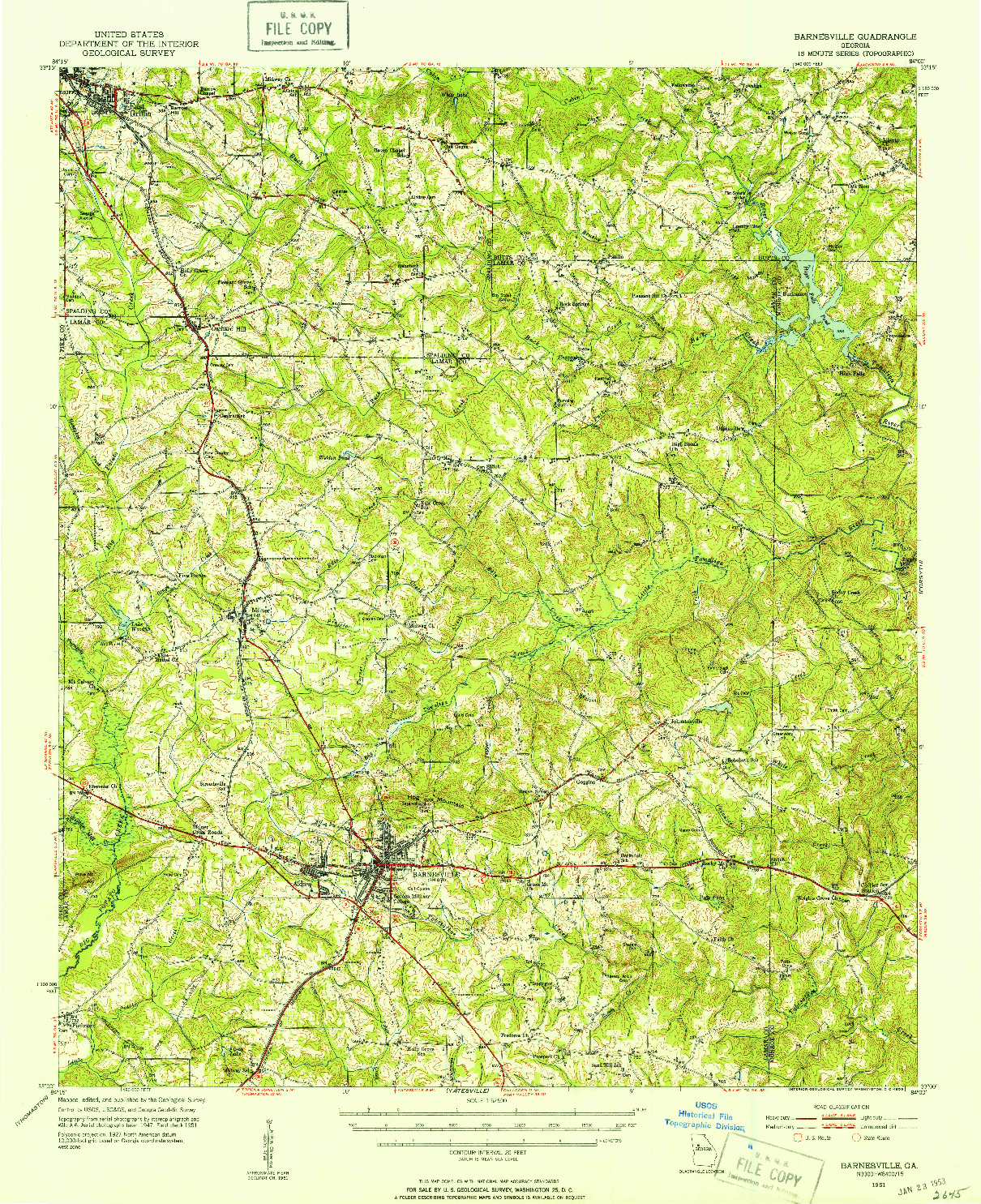 USGS 1:62500-SCALE QUADRANGLE FOR BARNESVILLE, GA 1951