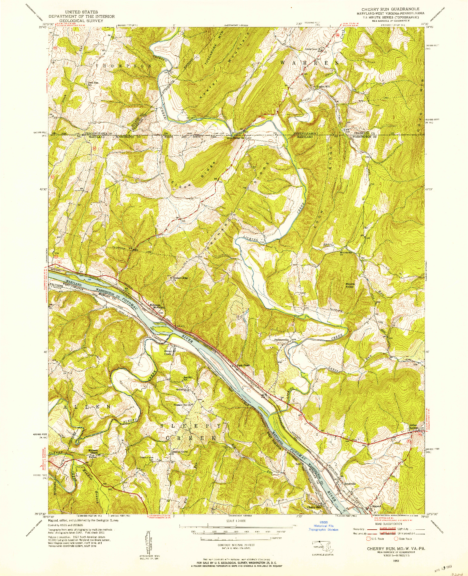 USGS 1:24000-SCALE QUADRANGLE FOR CHERRY RUN, MD 1951