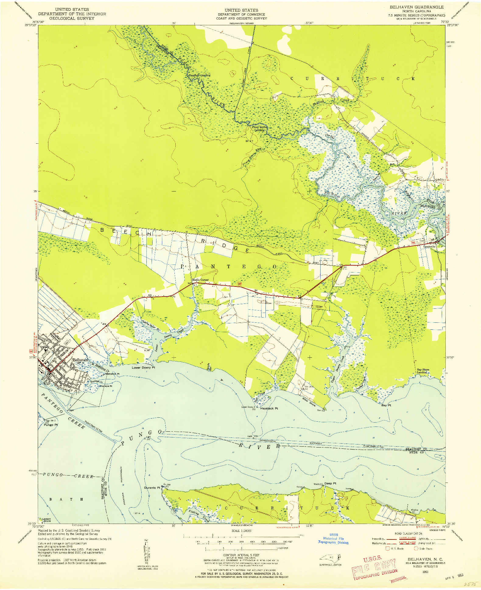 USGS 1:24000-SCALE QUADRANGLE FOR BELHAVEN, NC 1951