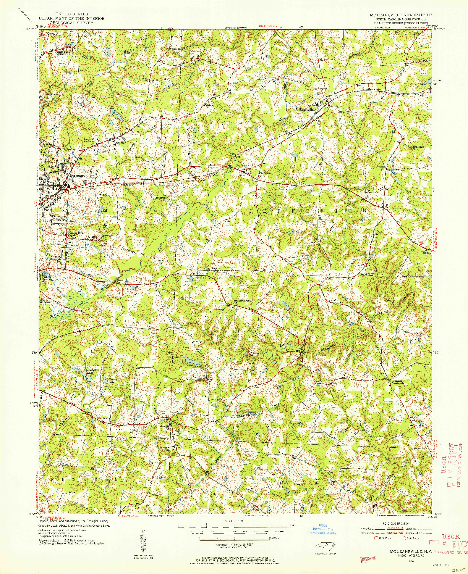 USGS 1:24000-SCALE QUADRANGLE FOR MC LEANSVILLE, NC 1952