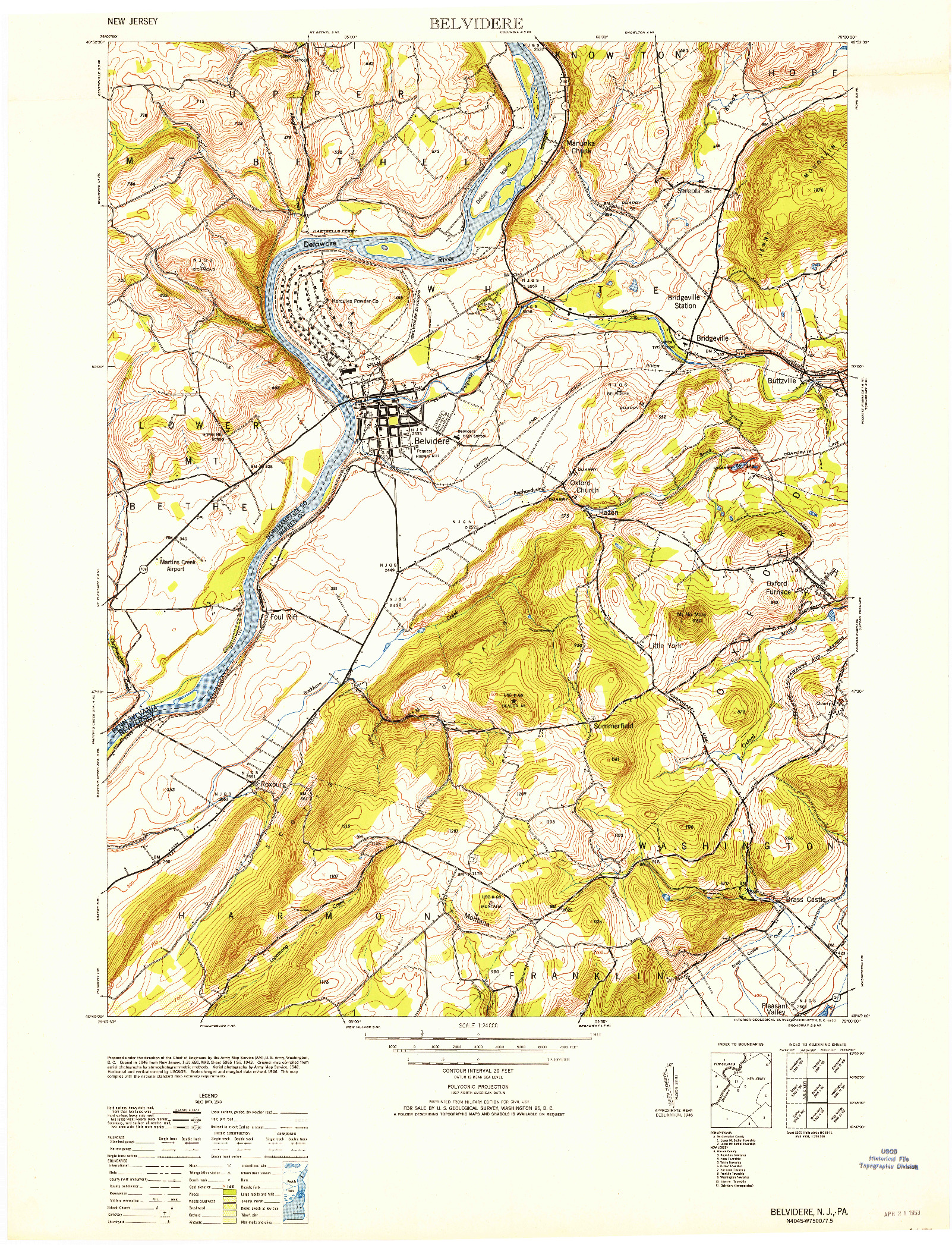 USGS 1:24000-SCALE QUADRANGLE FOR BELVIDERE, NJ 1953