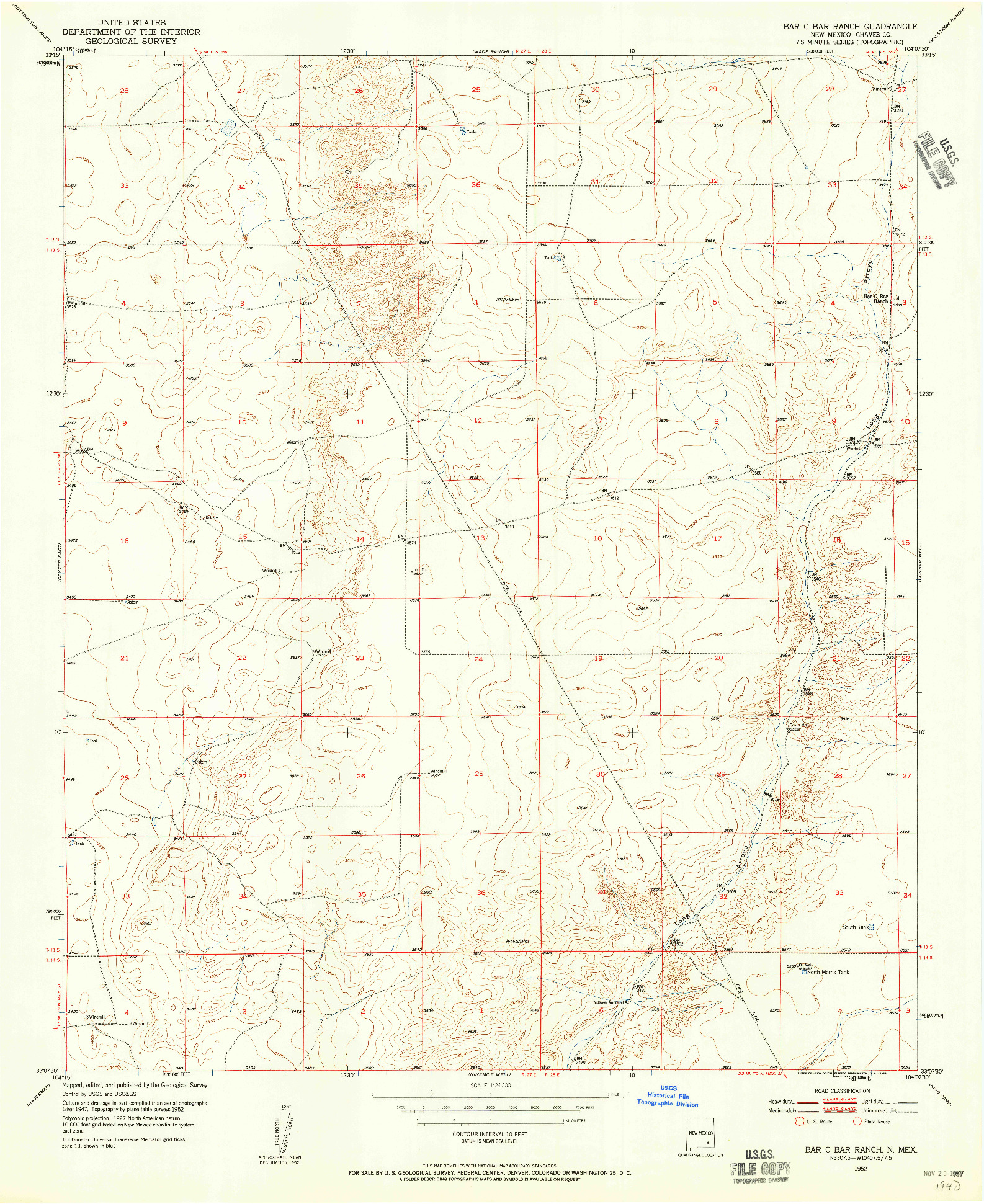 USGS 1:24000-SCALE QUADRANGLE FOR BAR C BAR RANCH, NM 1952