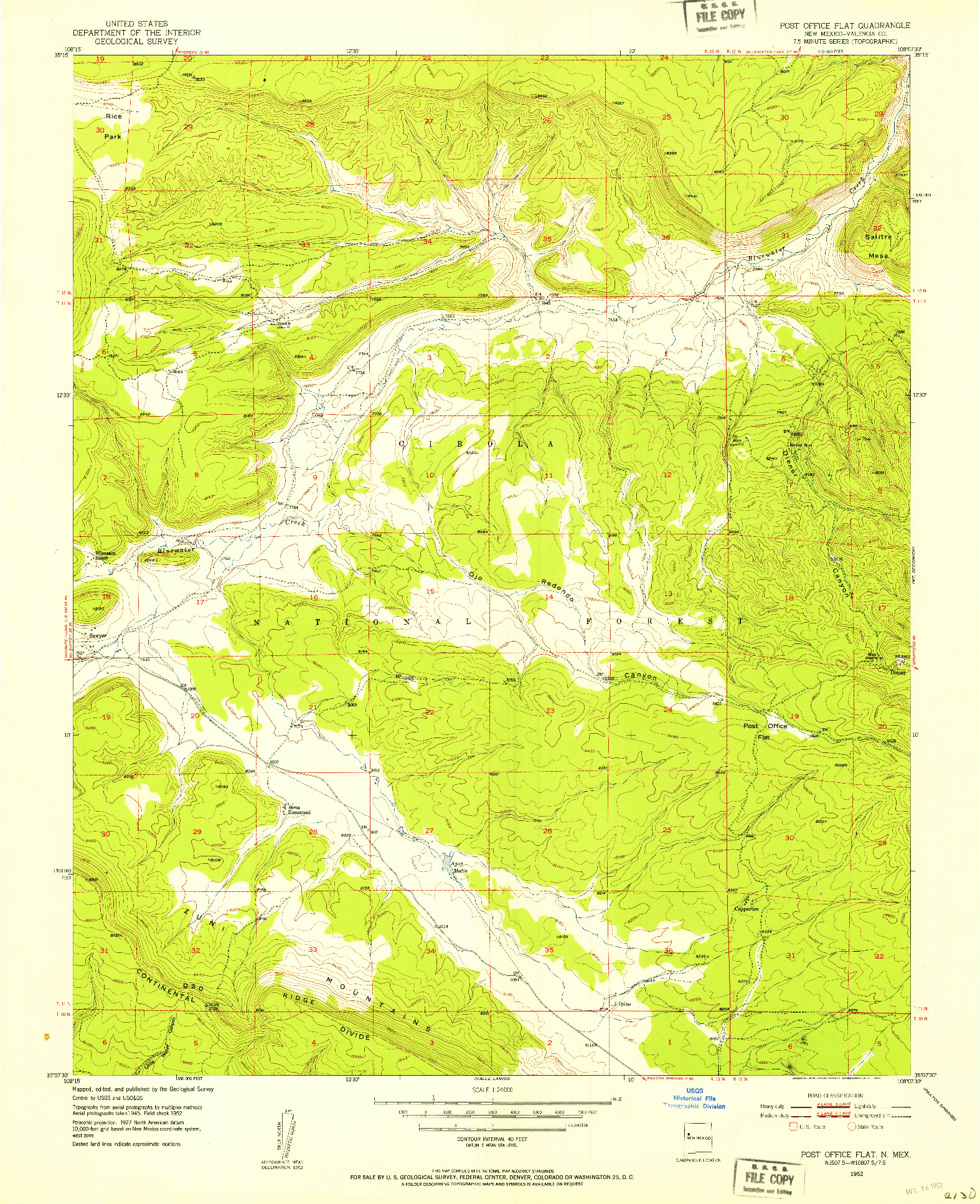 USGS 1:24000-SCALE QUADRANGLE FOR POST OFFICE FLAT, NM 1952