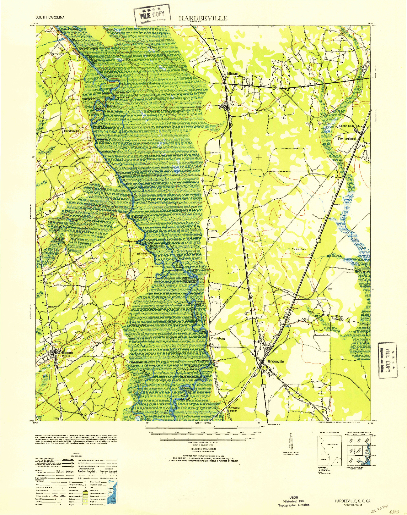 USGS 1:62500-SCALE QUADRANGLE FOR HARDEEVILLE, SC 1953