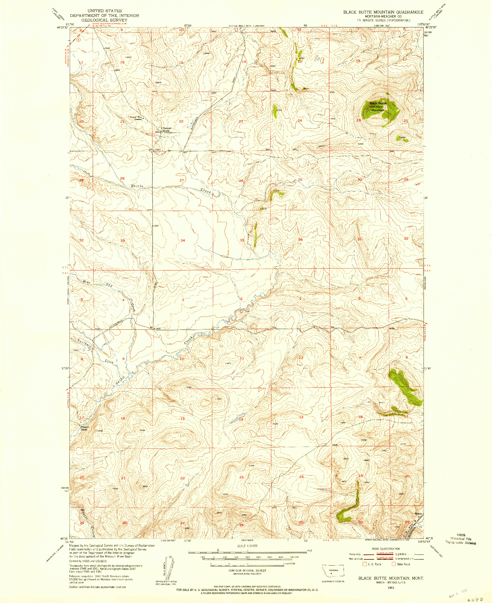 USGS 1:24000-SCALE QUADRANGLE FOR BLACK BUTTE MOUNTAIN, MT 1951