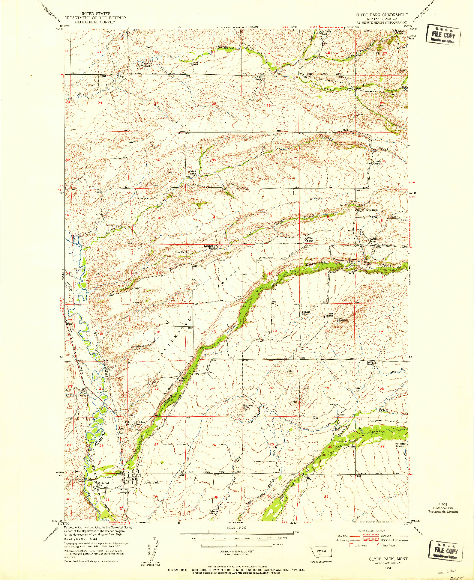 USGS 1:24000-SCALE QUADRANGLE FOR CLYDE PARK, MT 1951