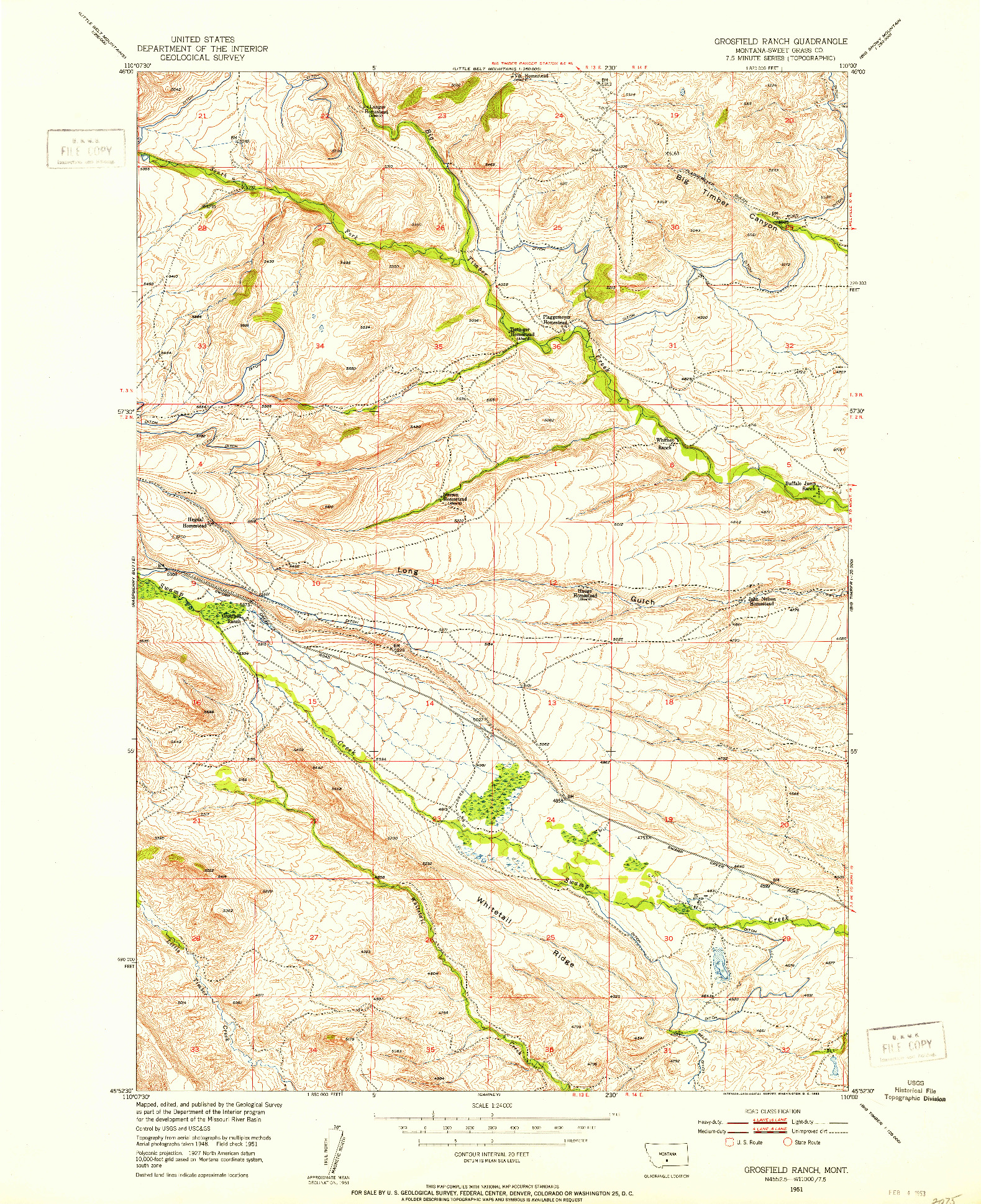 USGS 1:24000-SCALE QUADRANGLE FOR GROSFIELD RANCH, MT 1951