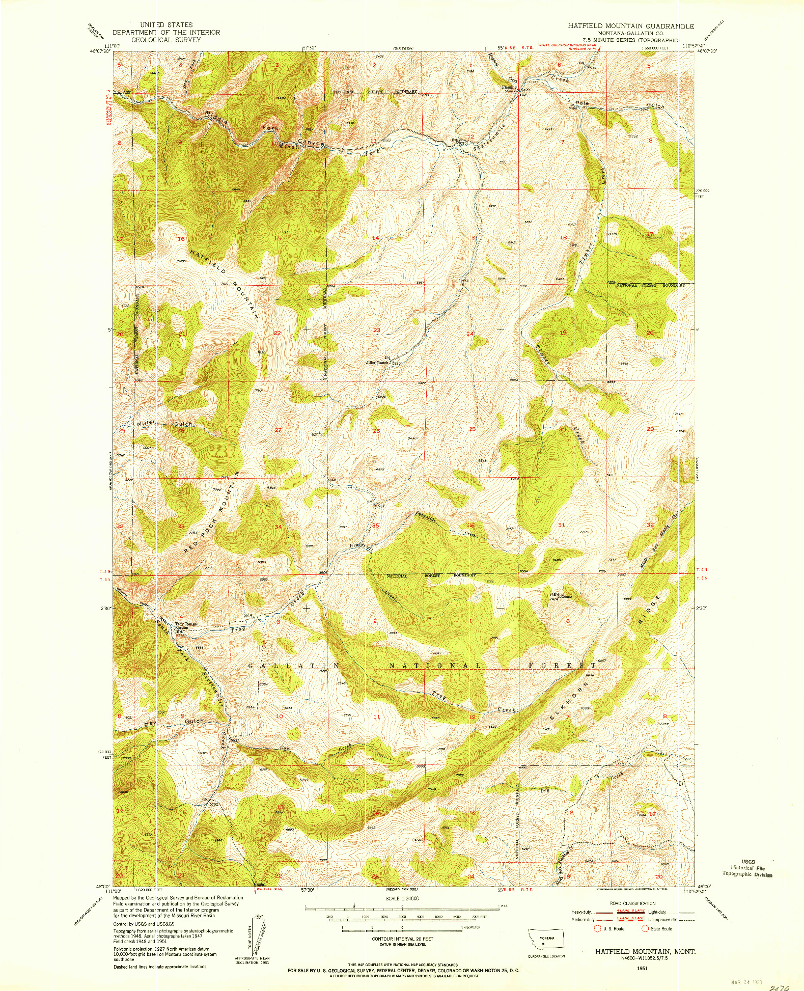 USGS 1:24000-SCALE QUADRANGLE FOR HATFIELD MOUNTAIN, MT 1951