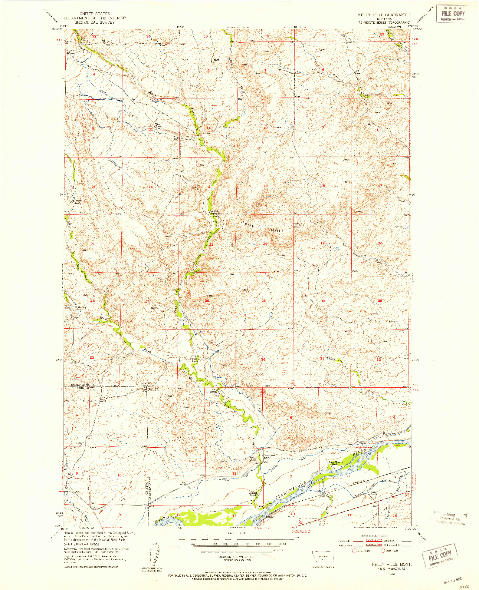 USGS 1:24000-SCALE QUADRANGLE FOR KELLY HILLS, MT 1951