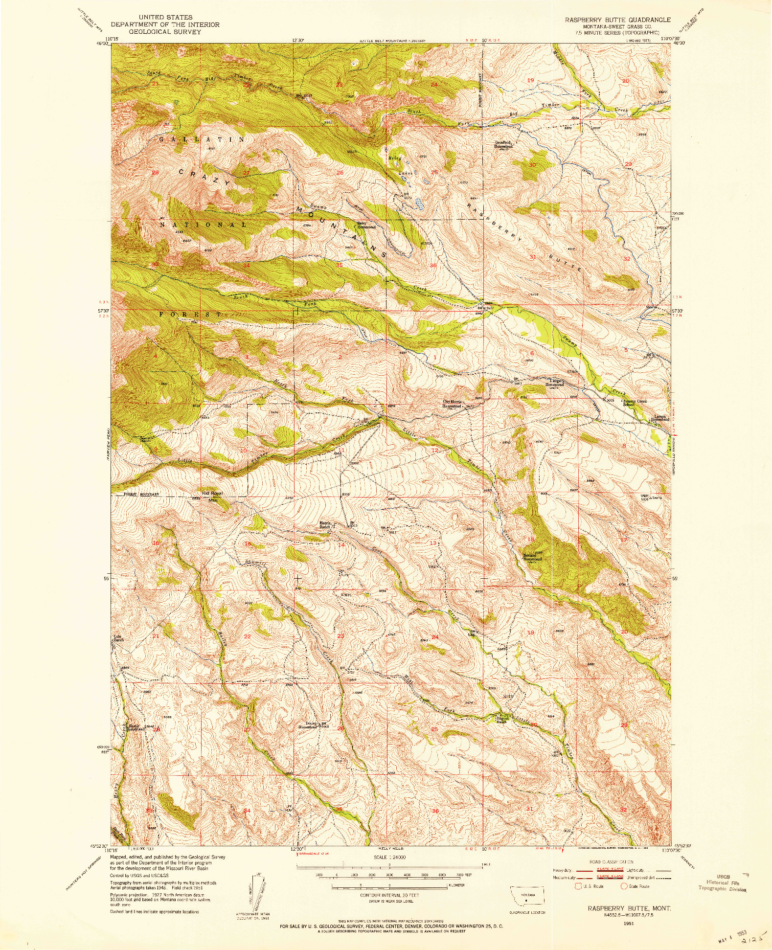 USGS 1:24000-SCALE QUADRANGLE FOR RASPBERRY BUTTE, MT 1951