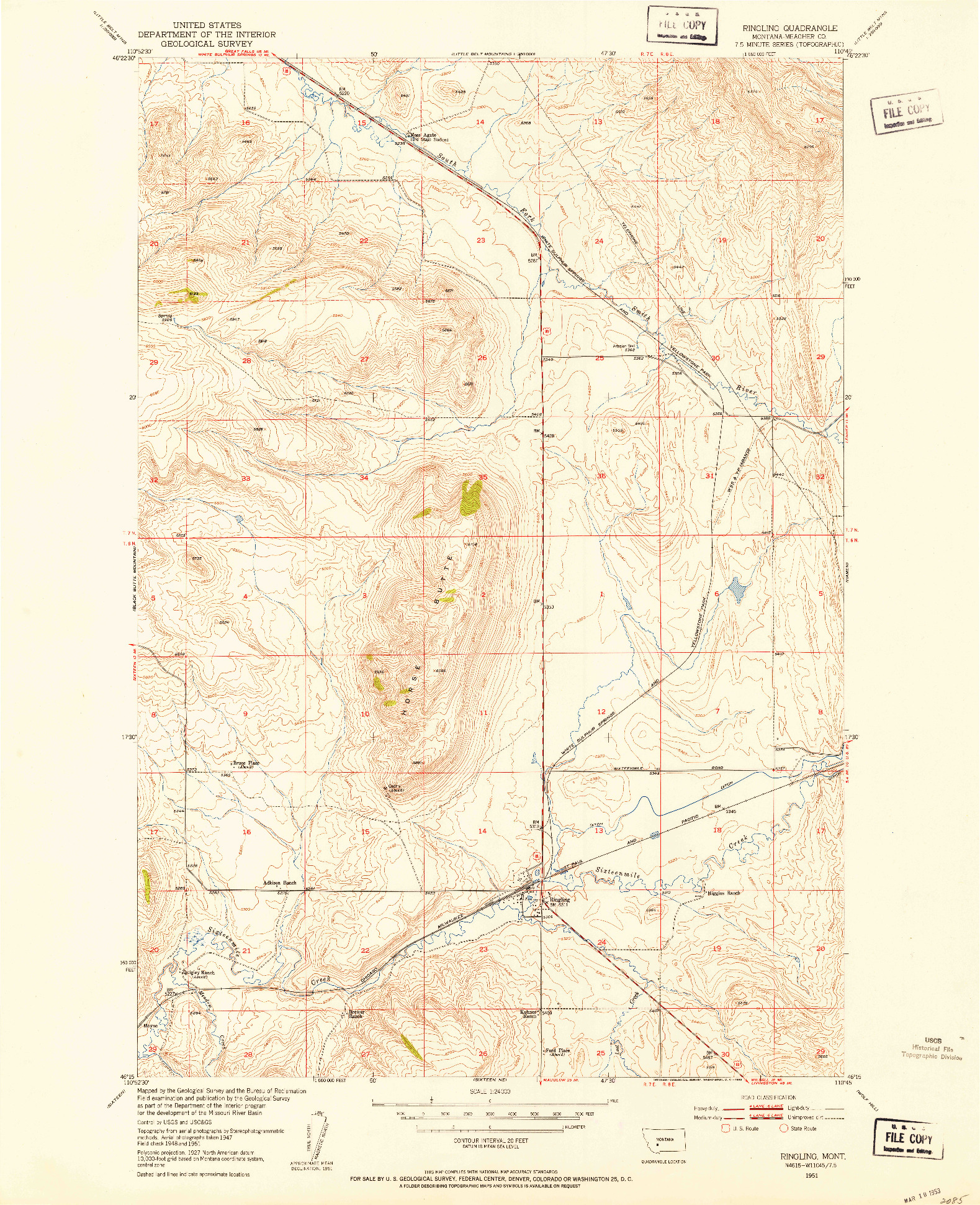 USGS 1:24000-SCALE QUADRANGLE FOR RINGLING, MT 1951