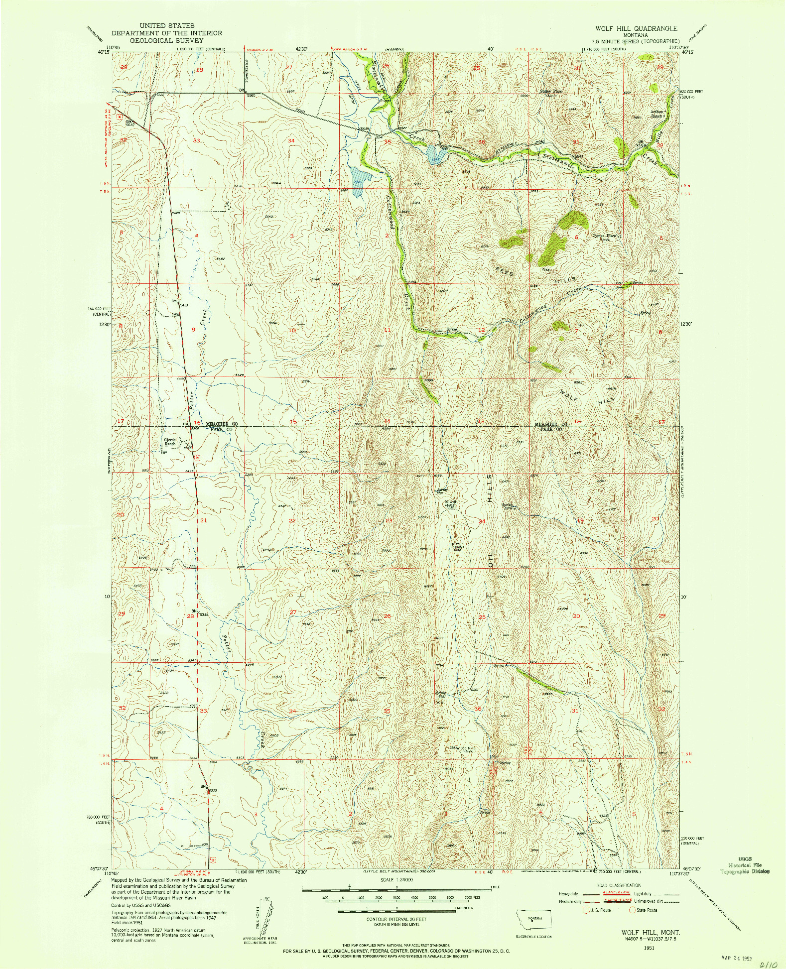 USGS 1:24000-SCALE QUADRANGLE FOR WOLF HILL, MT 1951