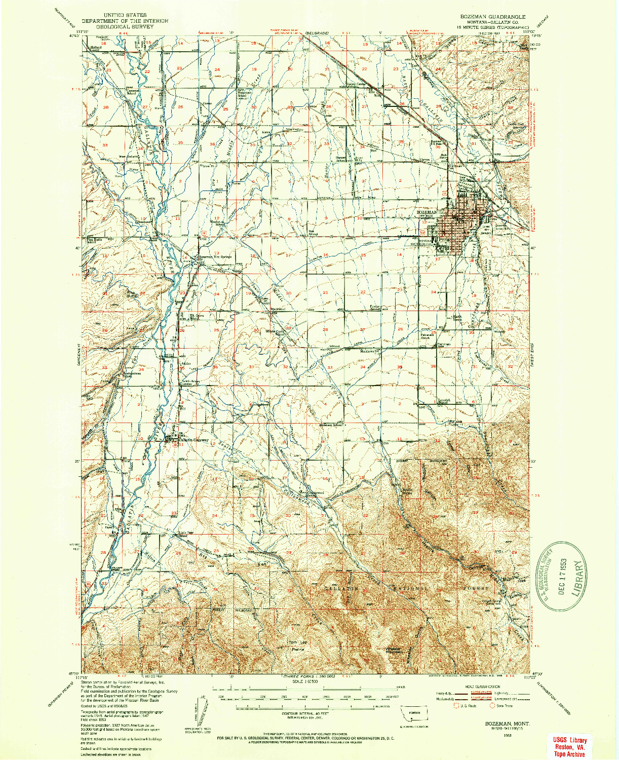 USGS 1:62500-SCALE QUADRANGLE FOR BOZEMAN, MT 1953