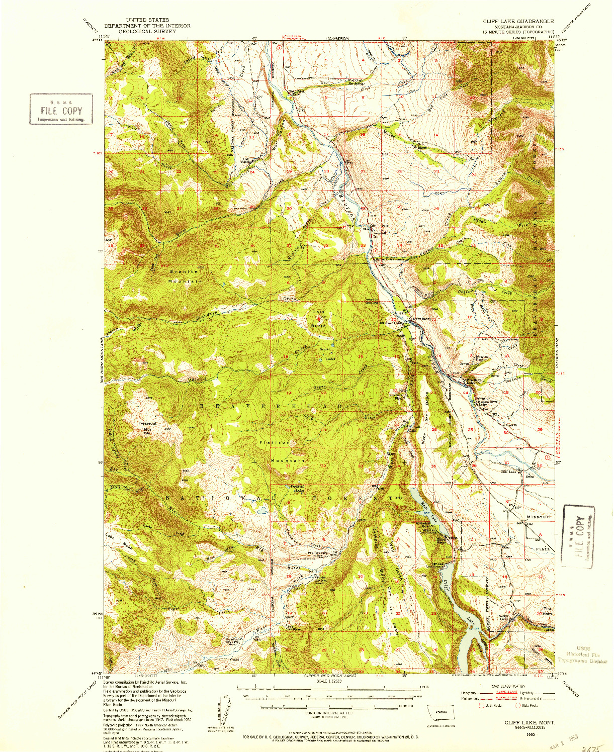 USGS 1:62500-SCALE QUADRANGLE FOR CLIFF LAKE, MT 1950