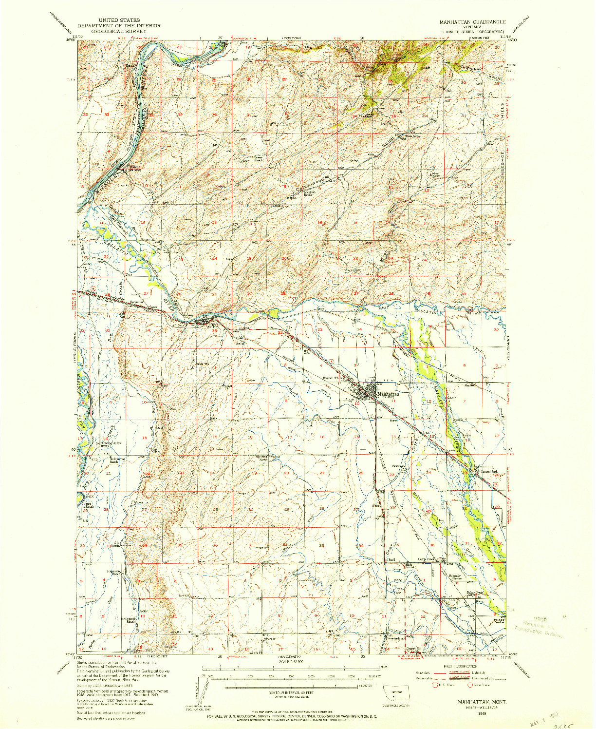 USGS 1:62500-SCALE QUADRANGLE FOR MANHATTAN, MT 1949