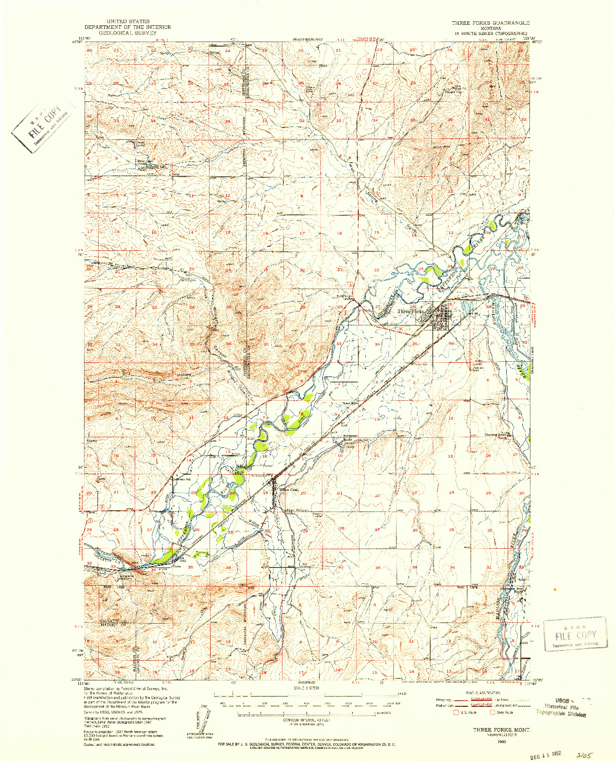 USGS 1:62500-SCALE QUADRANGLE FOR THREE FORKS, MT 1950