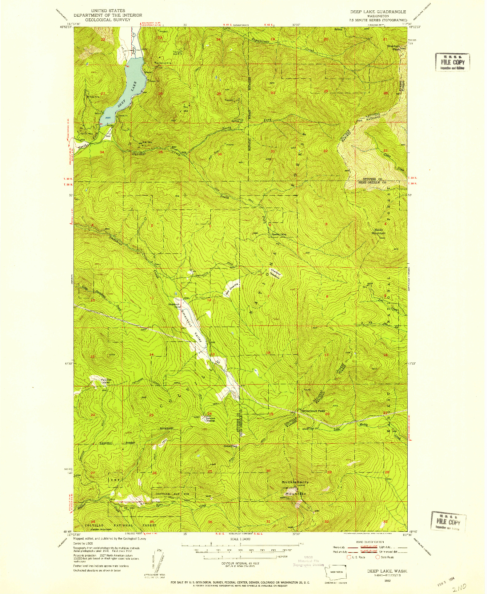 USGS 1:24000-SCALE QUADRANGLE FOR DEEP LAKE, WA 1952