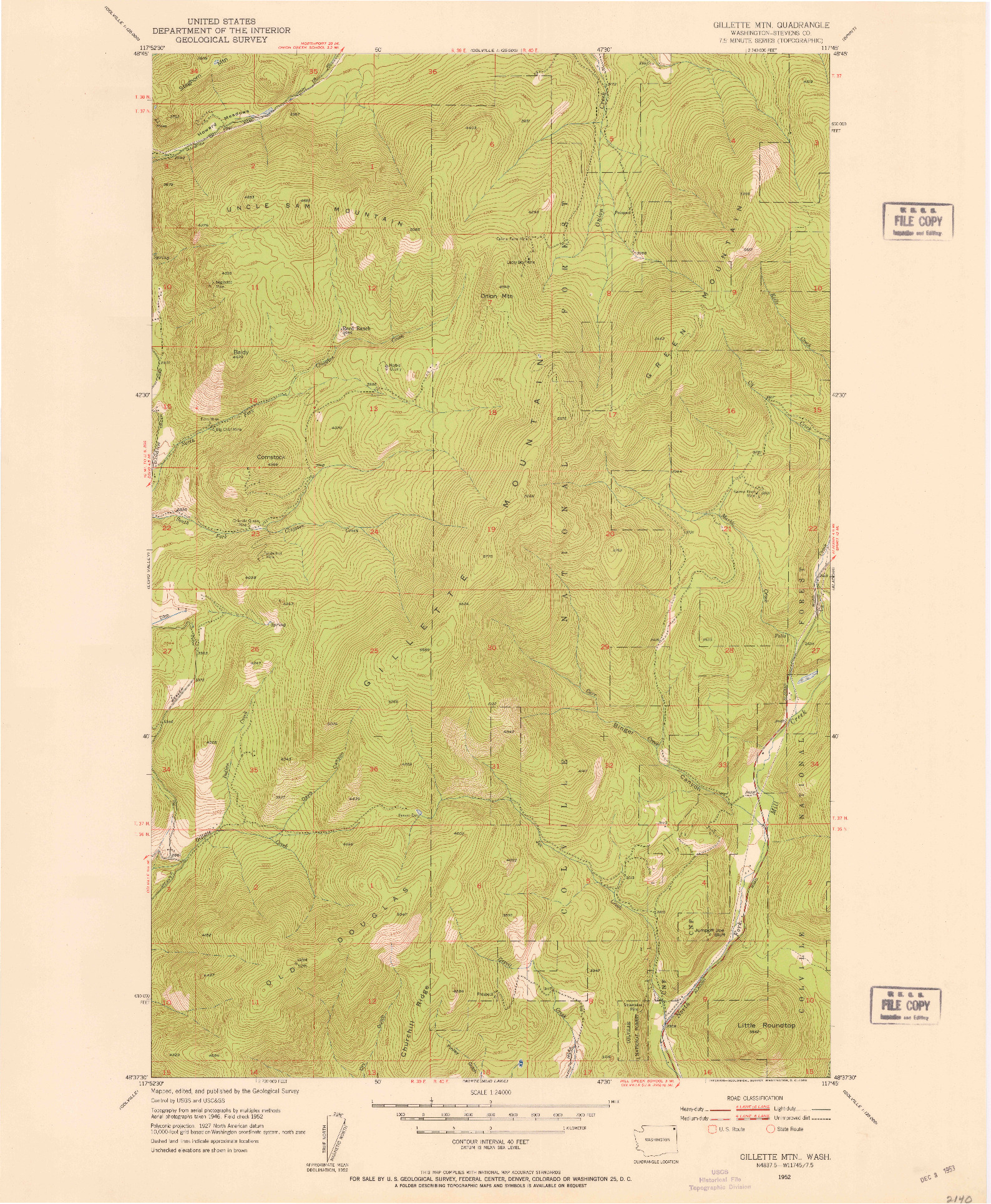 USGS 1:24000-SCALE QUADRANGLE FOR GILLETTE MTN, WA 1952