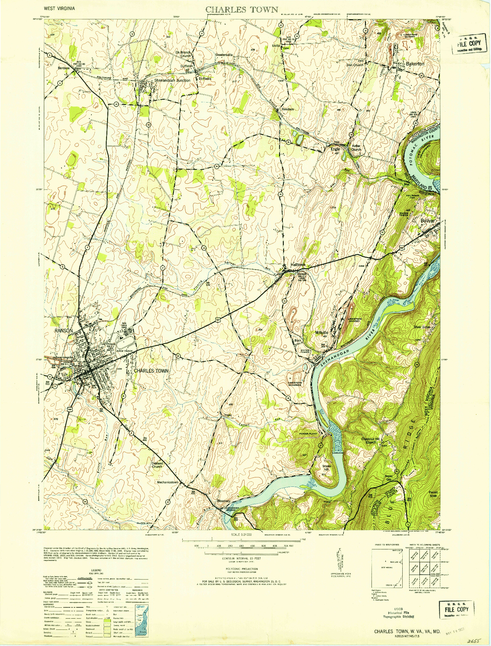 USGS 1:24000-SCALE QUADRANGLE FOR CHARLES TOWN, WV 1953