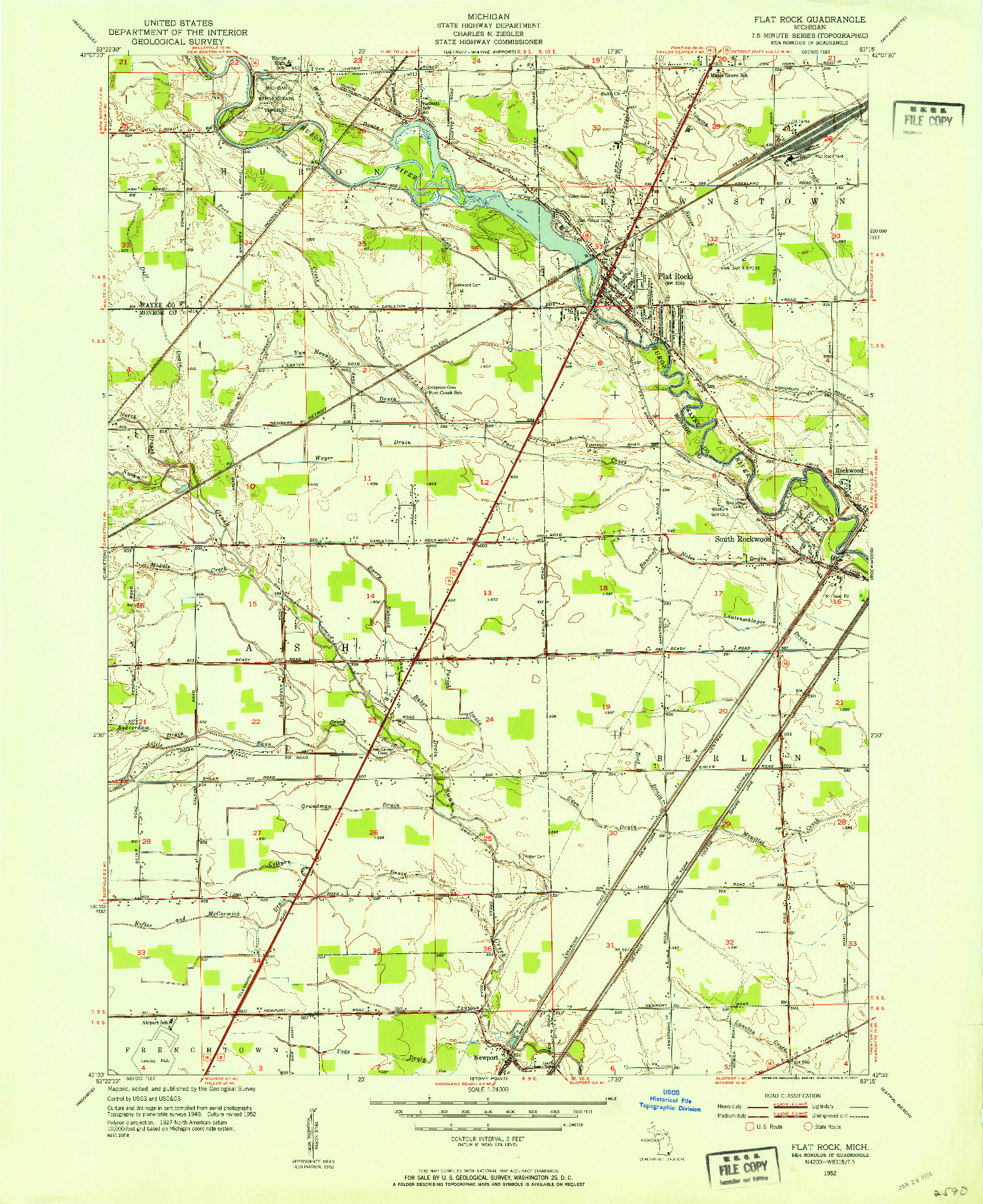 USGS 1:24000-SCALE QUADRANGLE FOR FLAT ROCK, MI 1952