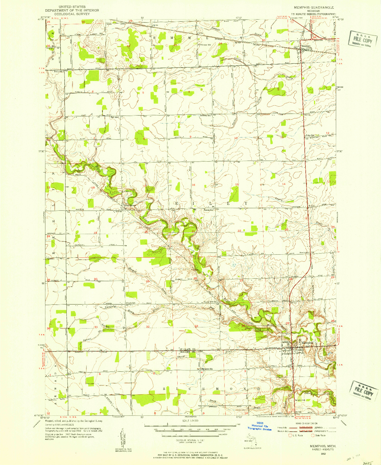 USGS 1:24000-SCALE QUADRANGLE FOR MEMPHIS, MI 1952