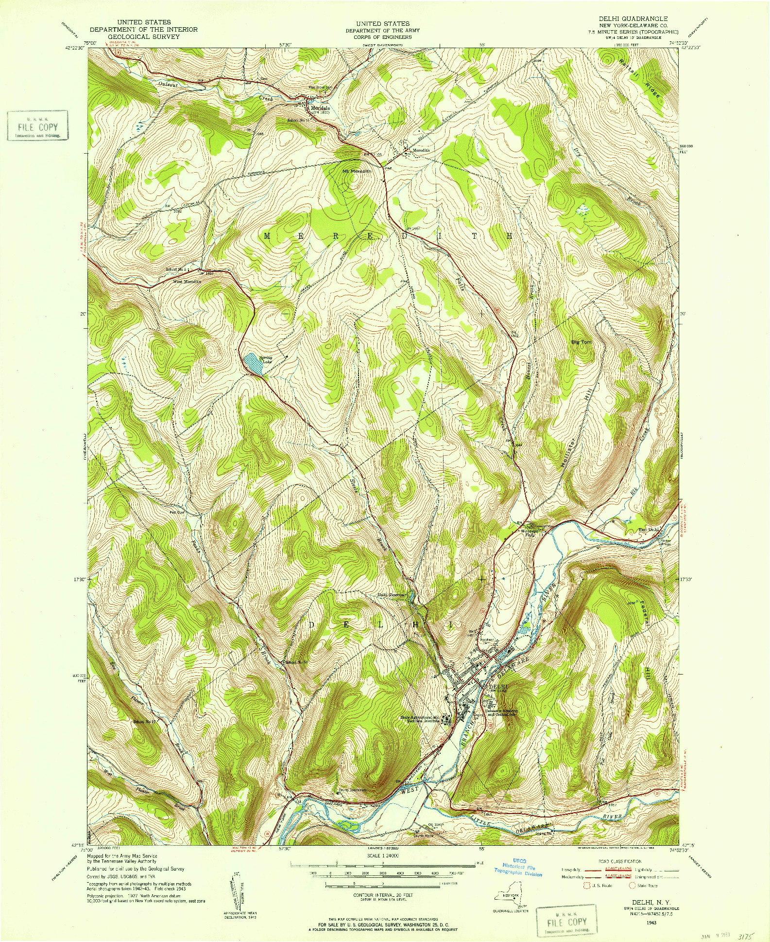 USGS 1:24000-SCALE QUADRANGLE FOR DELHI, NY 1943