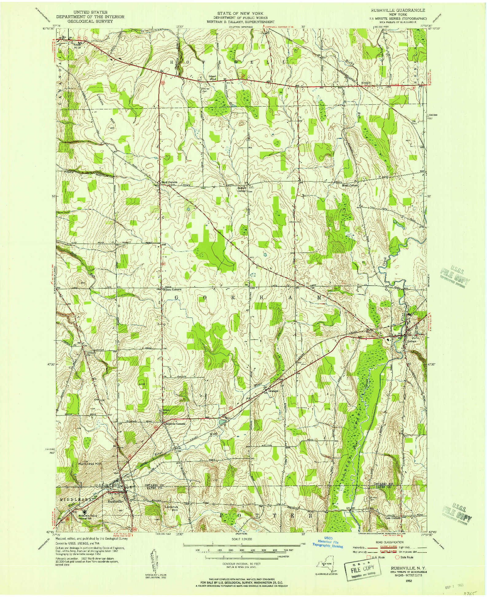 USGS 1:24000-SCALE QUADRANGLE FOR RUSHVILLE, NY 1952