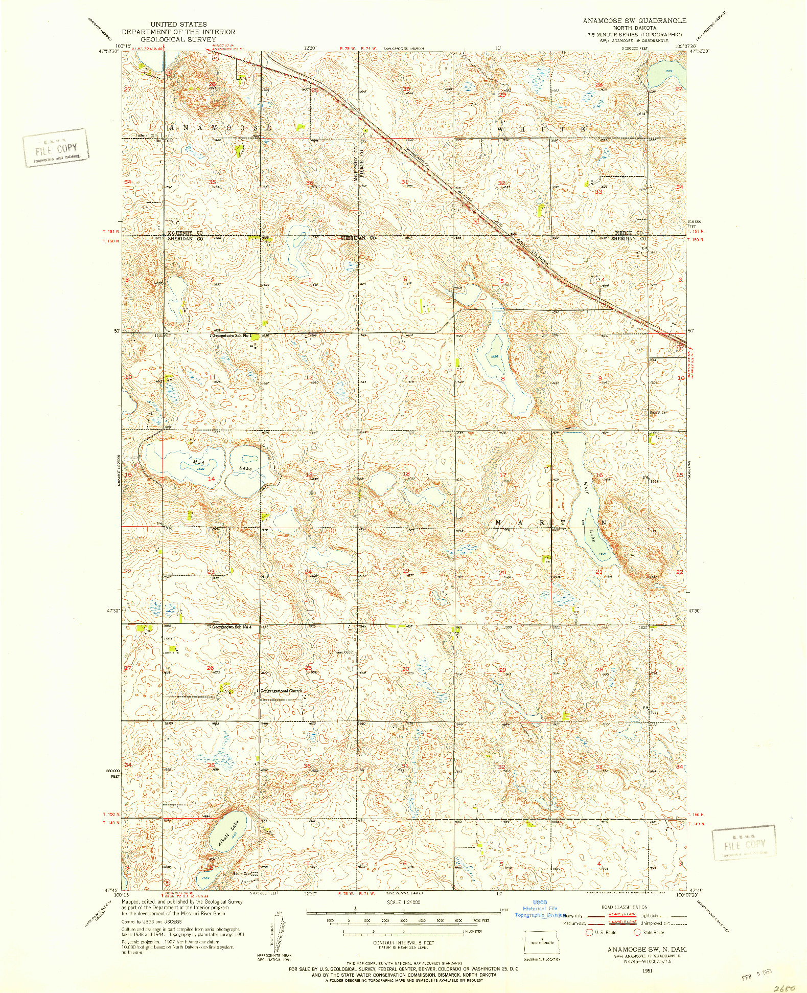 USGS 1:24000-SCALE QUADRANGLE FOR ANAMOOSE SW, ND 1951